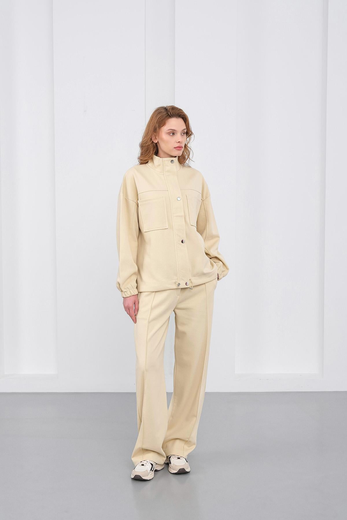 Sarı Kadın Pike Dokulu Bel Ayarlanabilir Oversize Ceket Pantolon Takım