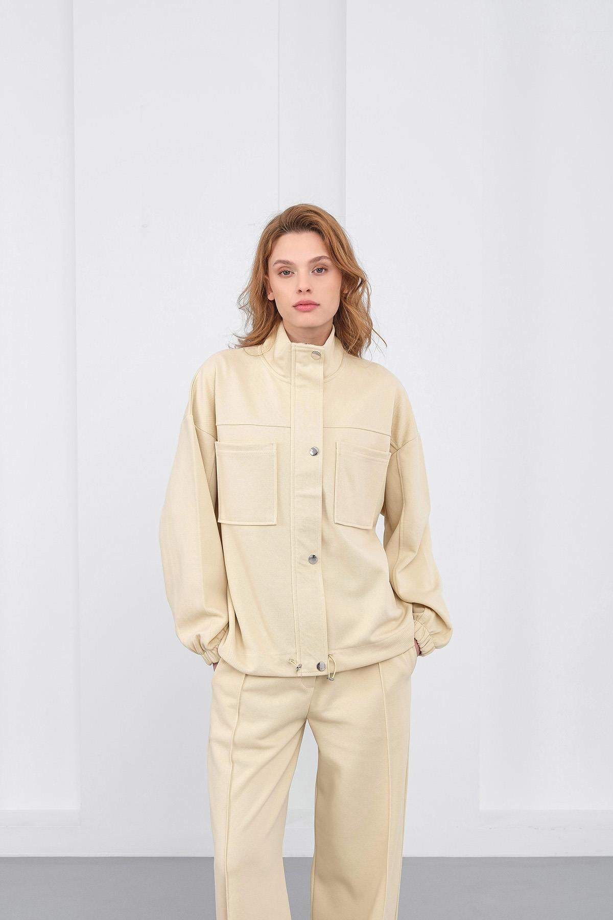 Sarı Kadın Pike Dokulu Bel Ayarlanabilir Oversize Ceket Pantolon Takım