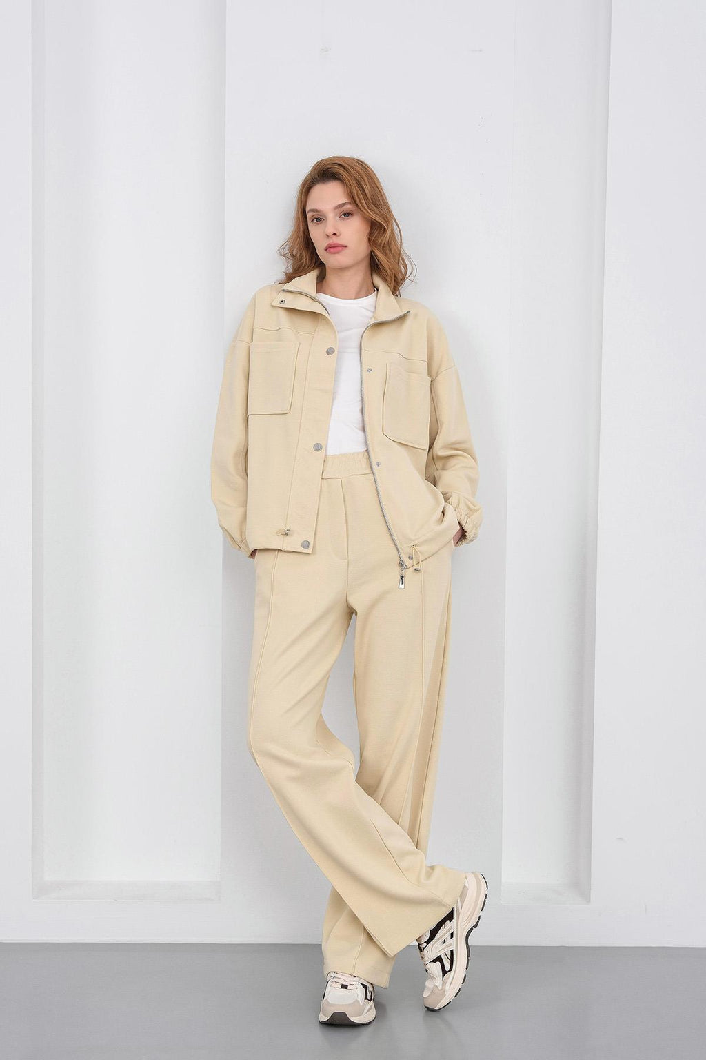 Sarı Kadın Pike Dokulu Bel Ayarlanabilir Oversize Ceket Pantolon Takım