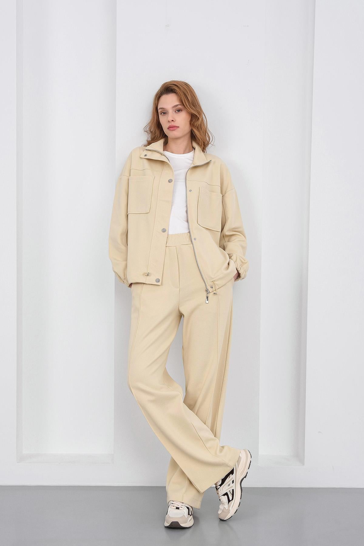 Sarı Kadın Pike Dokulu Bel Ayarlanabilir Oversize Ceket Pantolon Takım