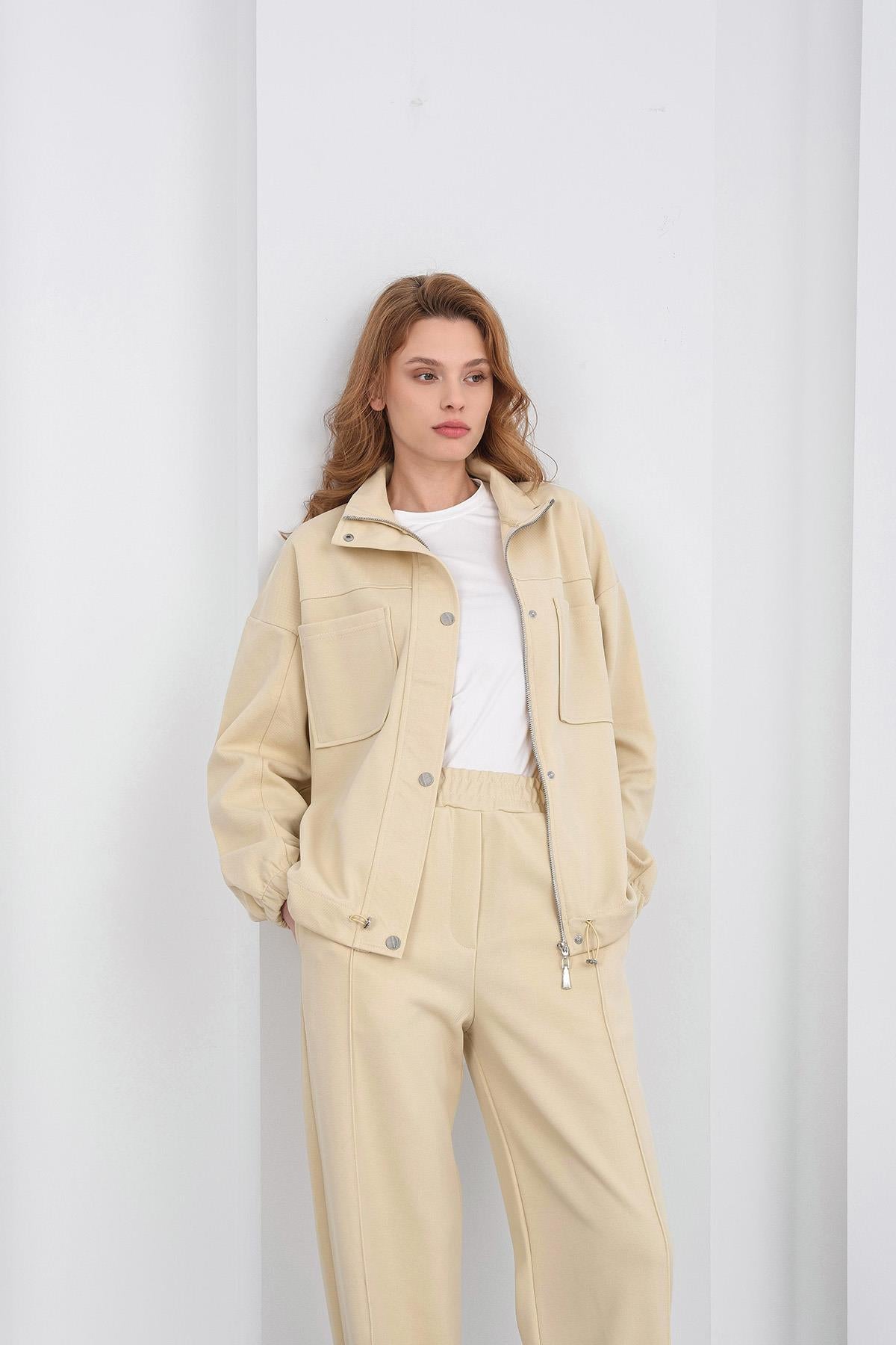 Sarı Kadın Pike Dokulu Bel Ayarlanabilir Oversize Ceket Pantolon Takım