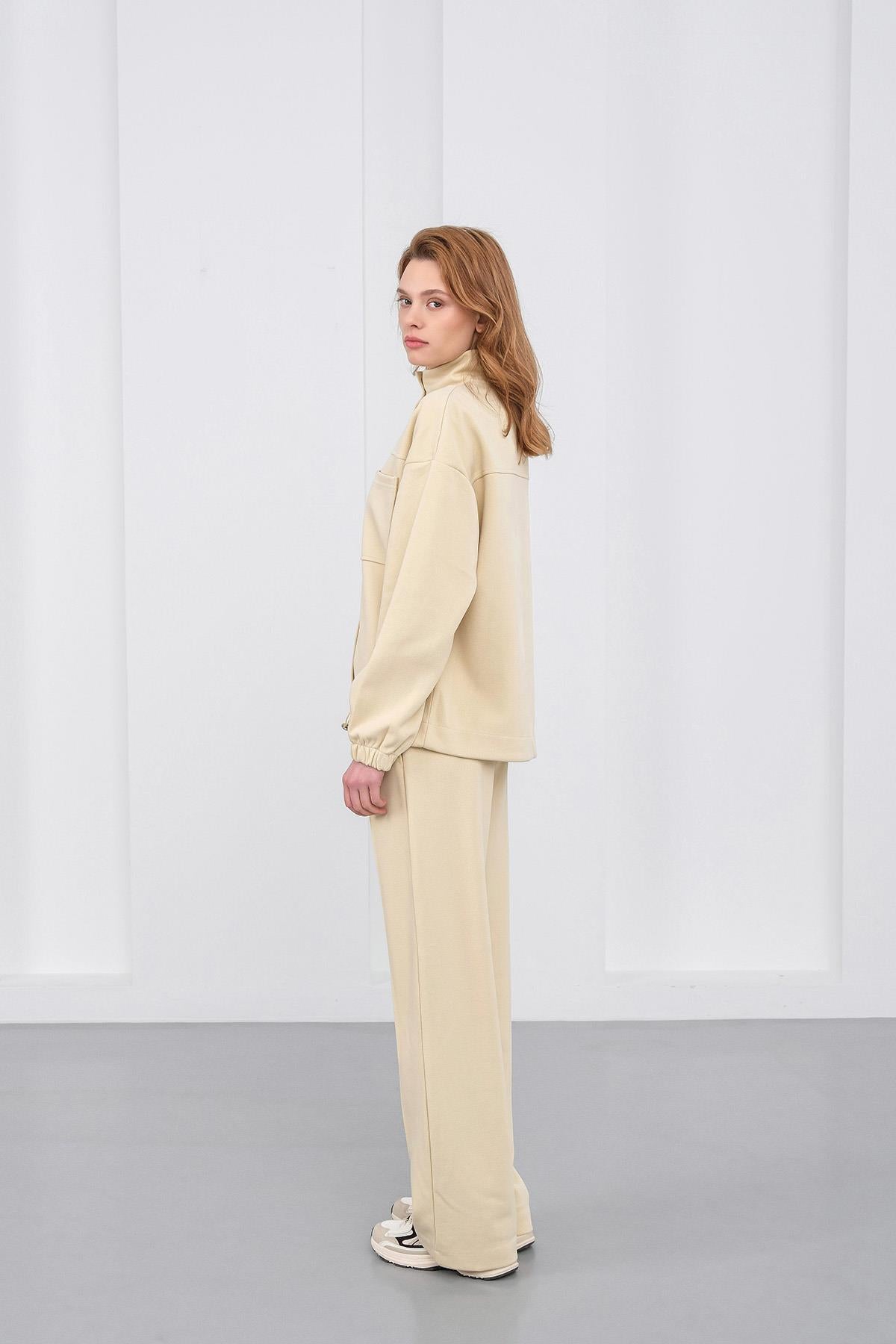 Sarı Kadın Pike Dokulu Bel Ayarlanabilir Oversize Ceket Pantolon Takım