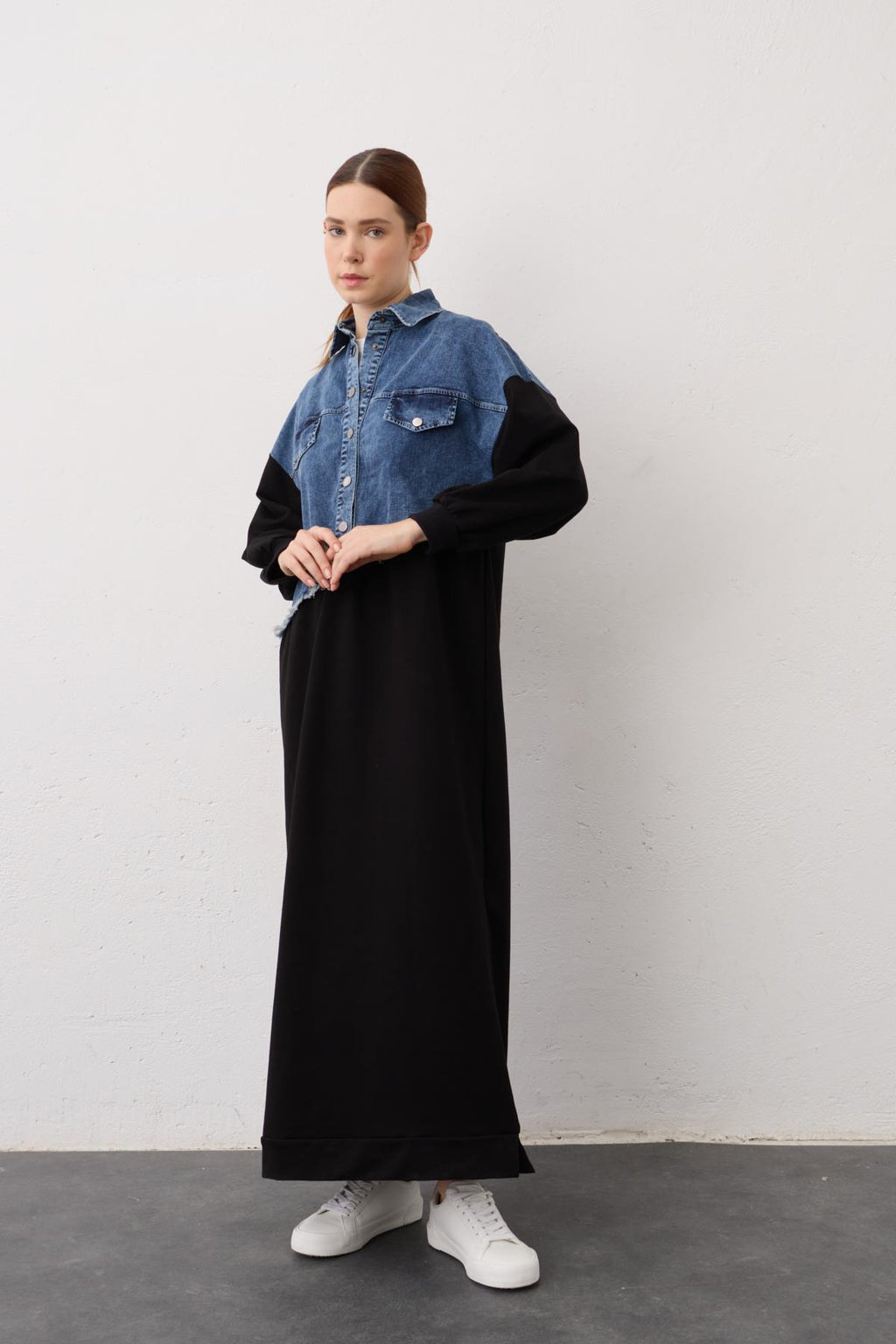 Siyah Denim Detaylı Çıt Çıtlı Pamuklu Örme Elbise