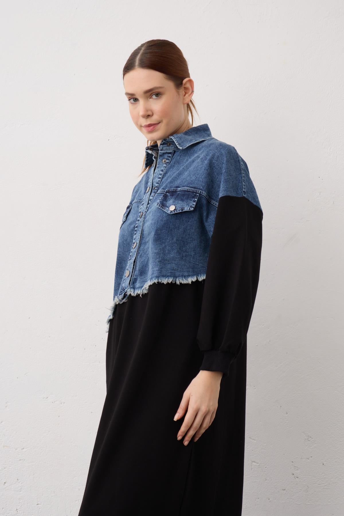 Siyah Denim Detaylı Çıt Çıtlı Pamuklu Örme Elbise