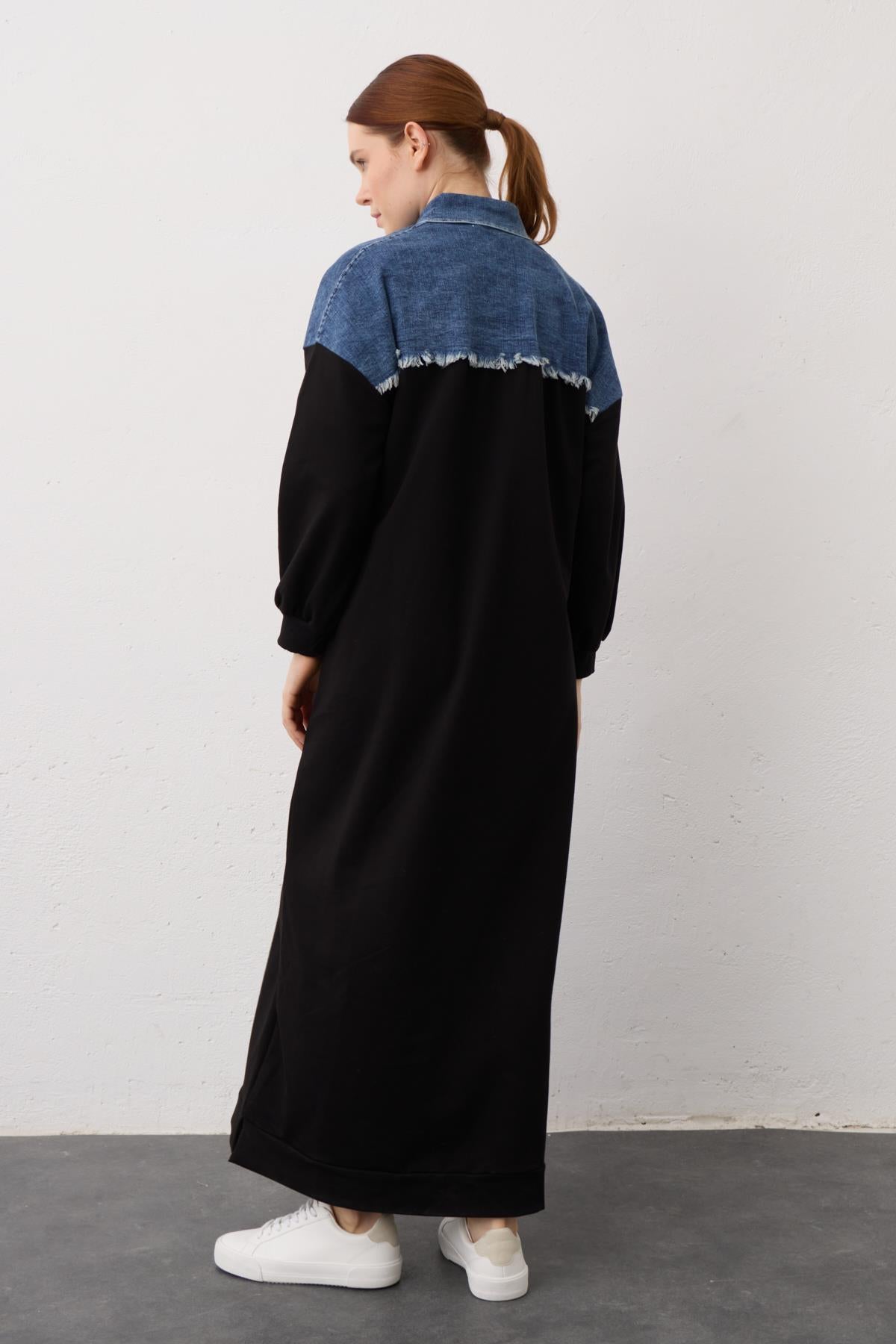 Siyah Denim Detaylı Çıt Çıtlı Pamuklu Örme Elbise