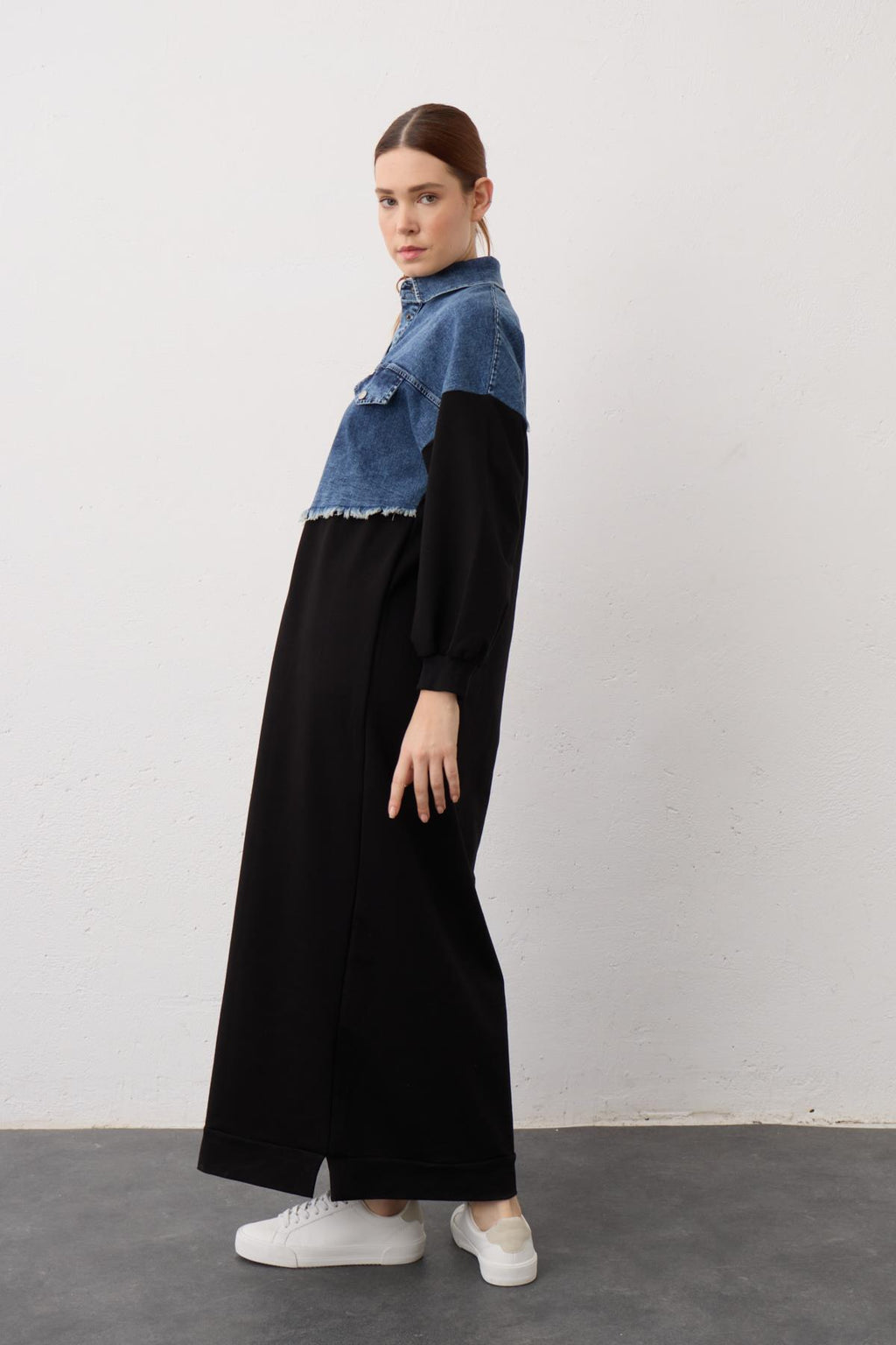 Siyah Denim Detaylı Çıt Çıtlı Pamuklu Örme Elbise