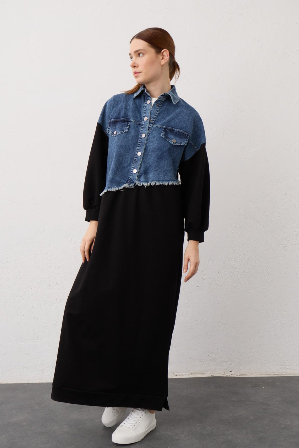 Siyah Denim Detaylı Çıt Çıtlı Pamuklu Örme Elbise