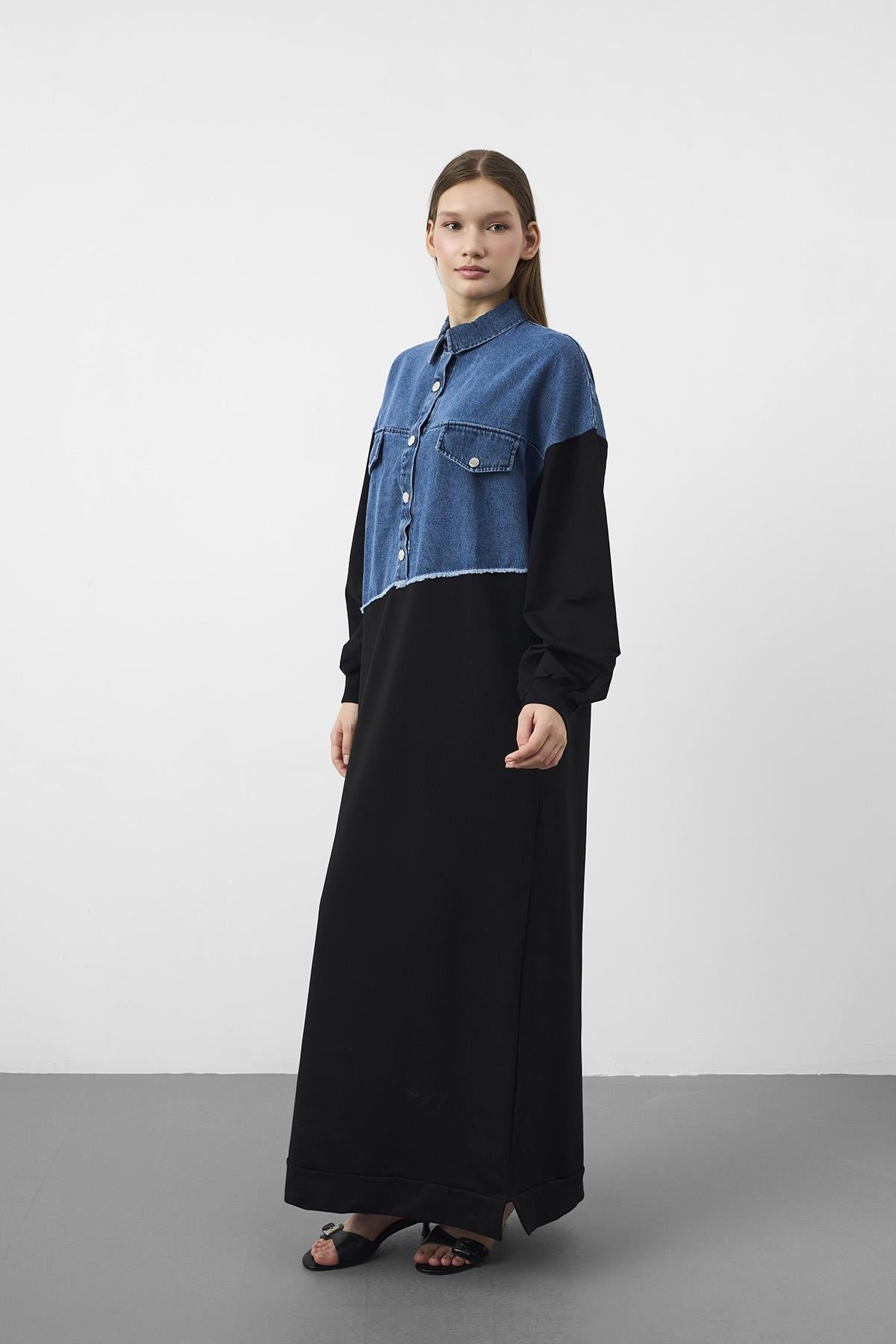 Siyah Denim Detaylı Çıt Çıtlı Pamuklu Örme Elbise