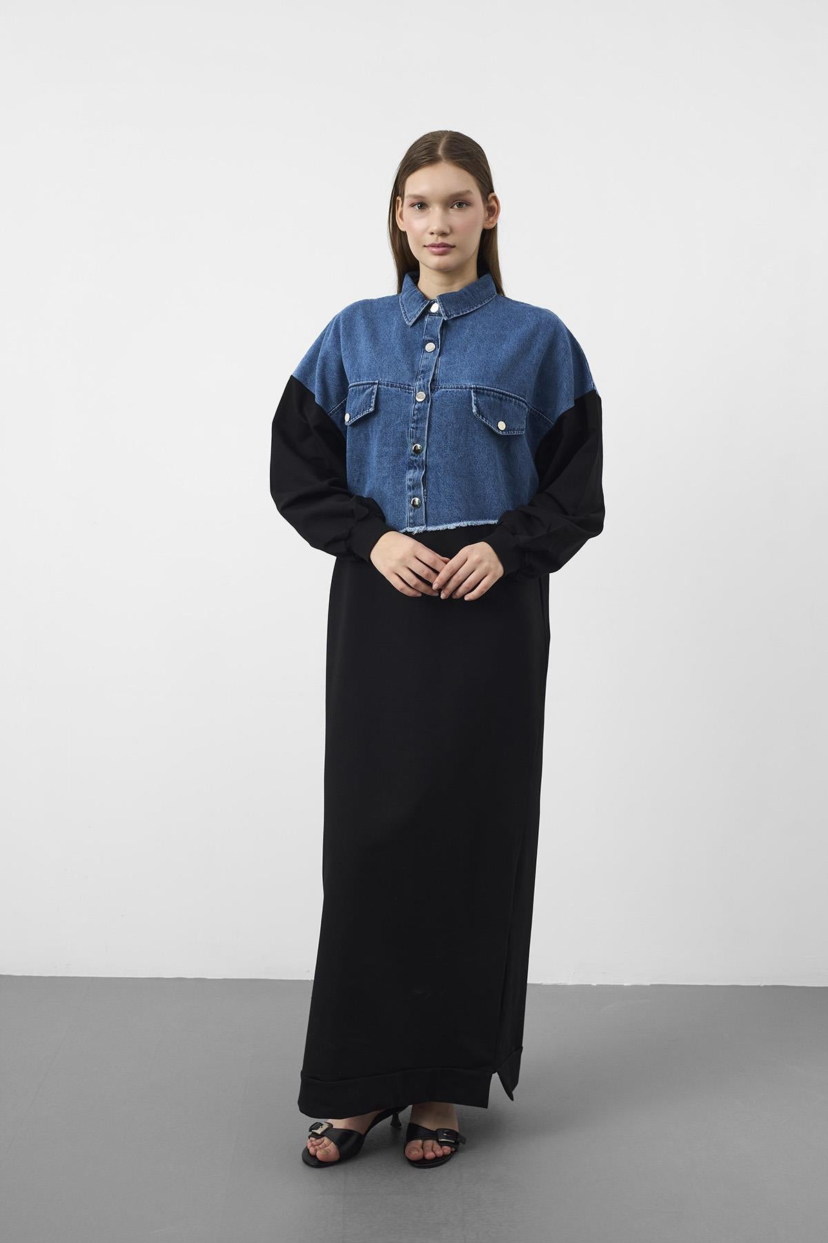 Siyah Denim Detaylı Çıt Çıtlı Pamuklu Örme Elbise