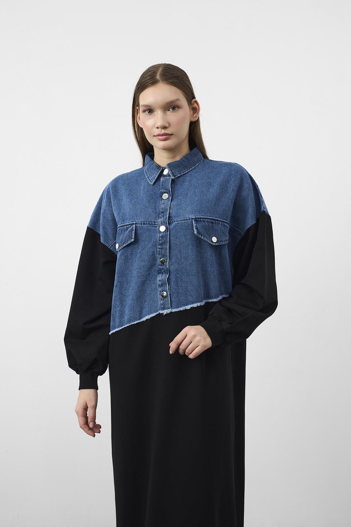 Siyah Denim Detaylı Çıt Çıtlı Pamuklu Örme Elbise