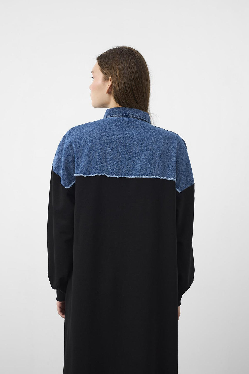 Siyah Denim Detaylı Çıt Çıtlı Pamuklu Örme Elbise