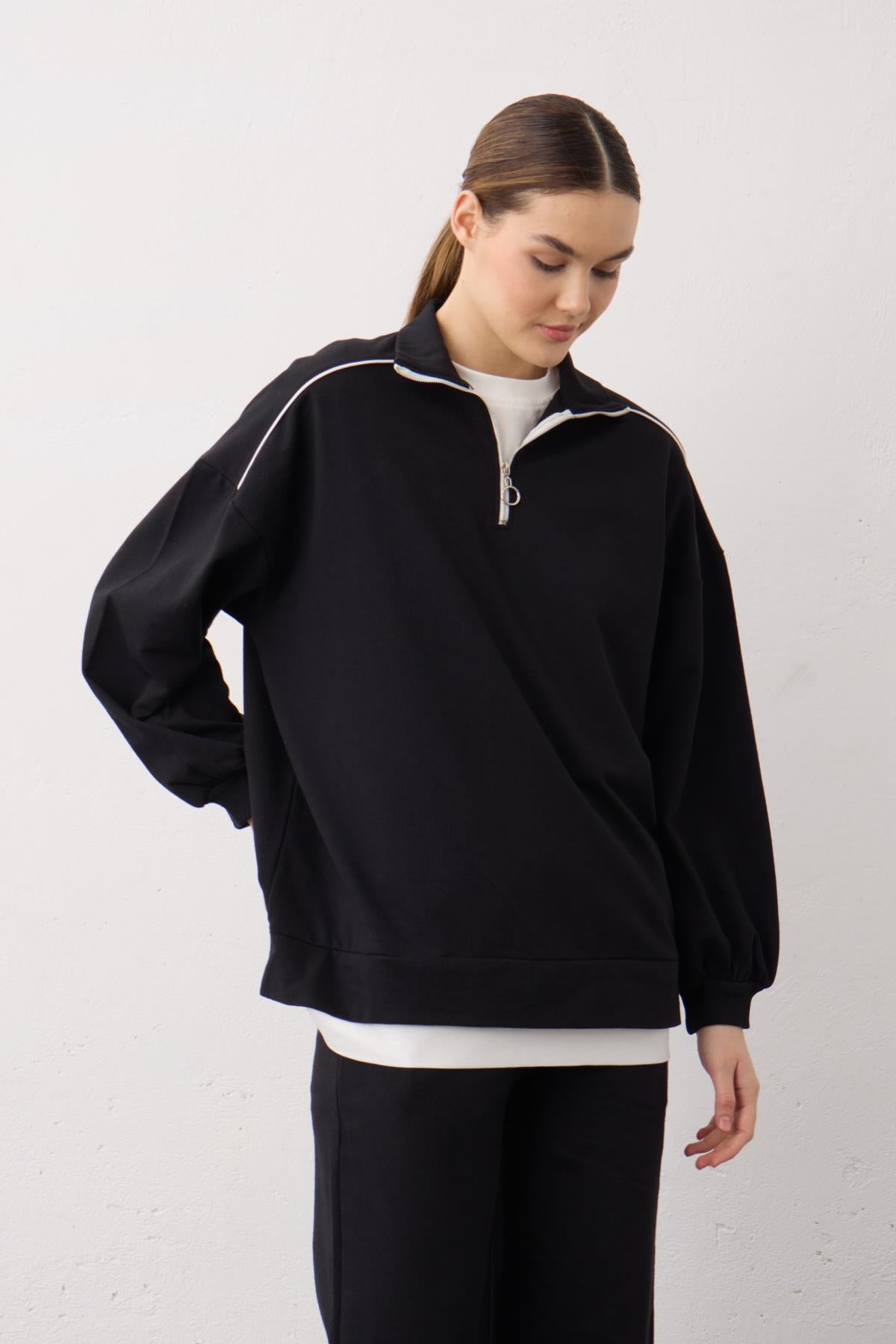 Siyah Eteği Süprem Detaylı Fermuarlı Örme Pamuklu Alt Üst Takım