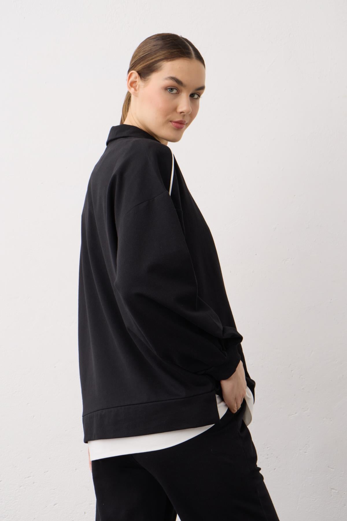 Siyah Eteği Süprem Detaylı Fermuarlı Örme Pamuklu Alt Üst Takım