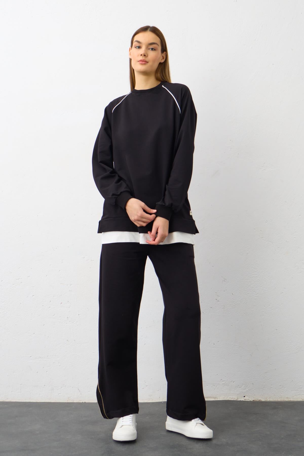 Siyah Etiket Detaylı Paçası Fermuarlı Eteği Süprem Pamuklu Örme Alt Üst Takım