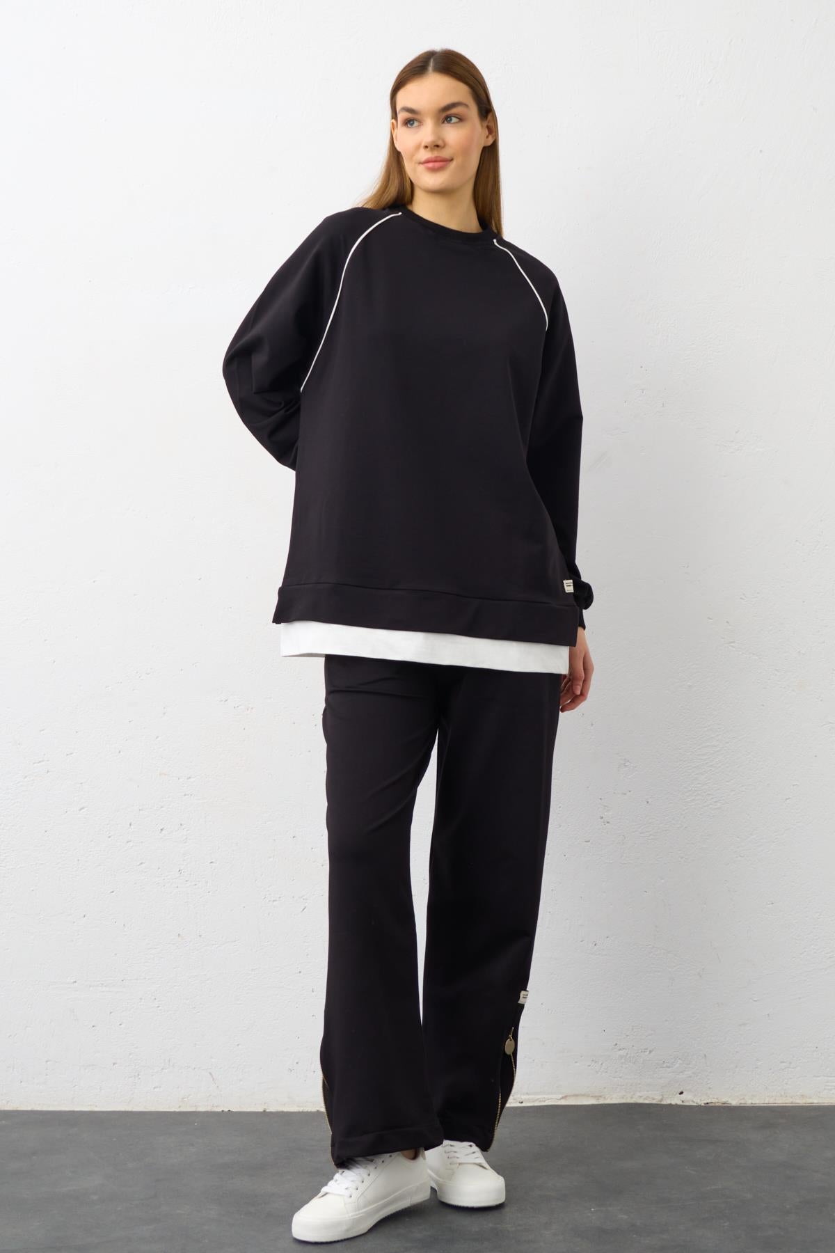 Siyah Etiket Detaylı Paçası Fermuarlı Eteği Süprem Pamuklu Örme Alt Üst Takım