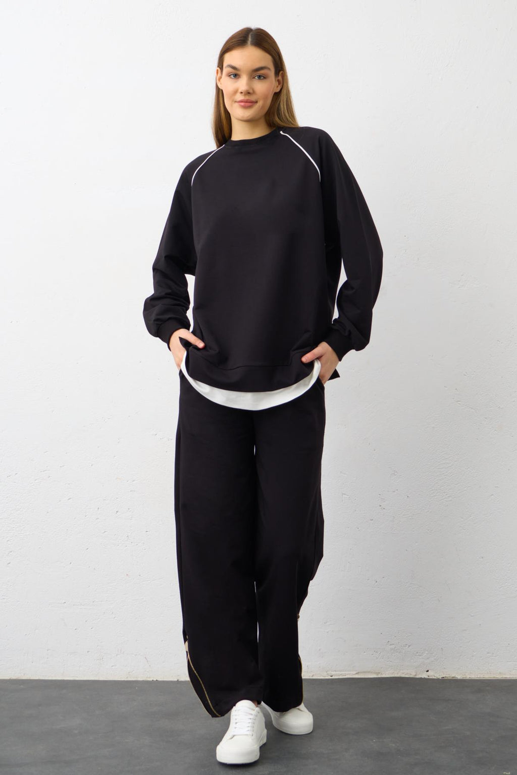 Siyah Etiket Detaylı Paçası Fermuarlı Eteği Süprem Pamuklu Örme Alt Üst Takım