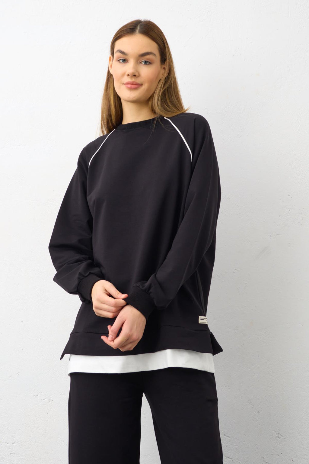 Siyah Etiket Detaylı Paçası Fermuarlı Eteği Süprem Pamuklu Örme Alt Üst Takım