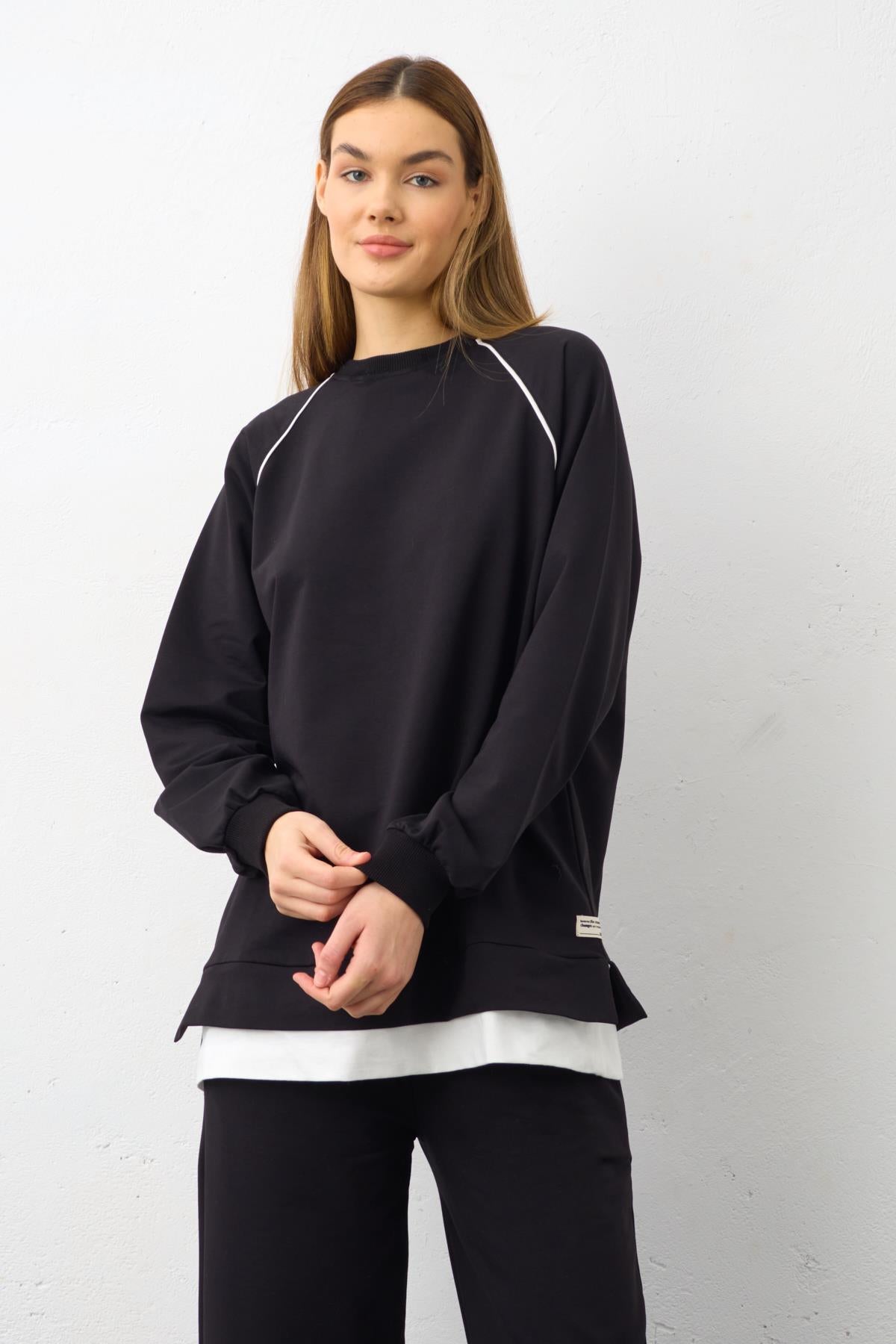 Siyah Etiket Detaylı Paçası Fermuarlı Eteği Süprem Pamuklu Örme Alt Üst Takım