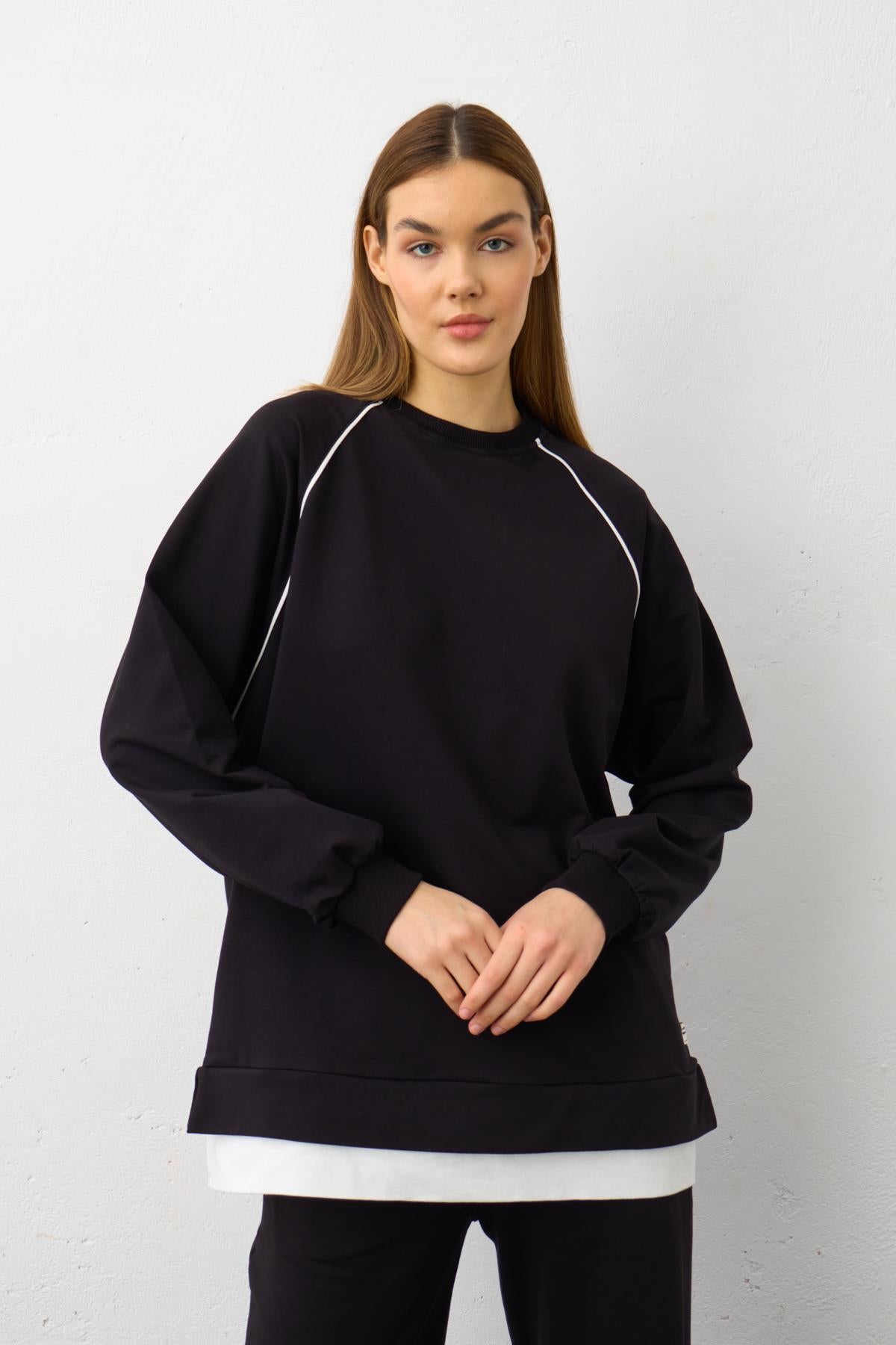 Siyah Etiket Detaylı Paçası Fermuarlı Eteği Süprem Pamuklu Örme Alt Üst Takım