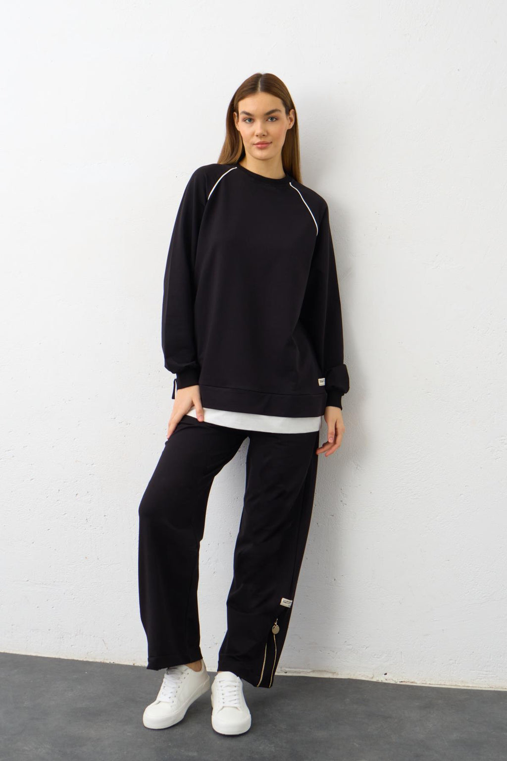 Siyah Etiket Detaylı Paçası Fermuarlı Eteği Süprem Pamuklu Örme Alt Üst Takım