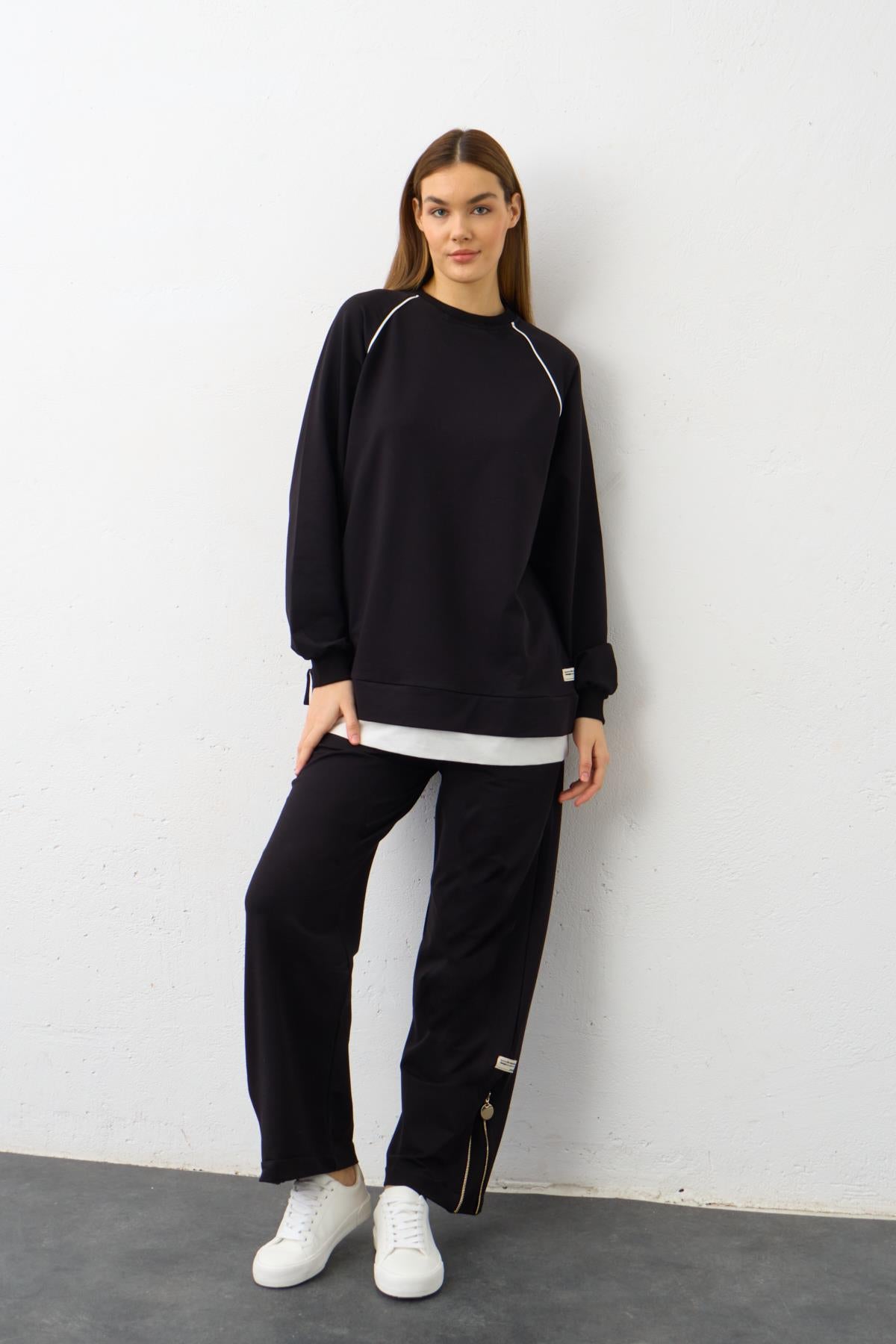 Siyah Etiket Detaylı Paçası Fermuarlı Eteği Süprem Pamuklu Örme Alt Üst Takım