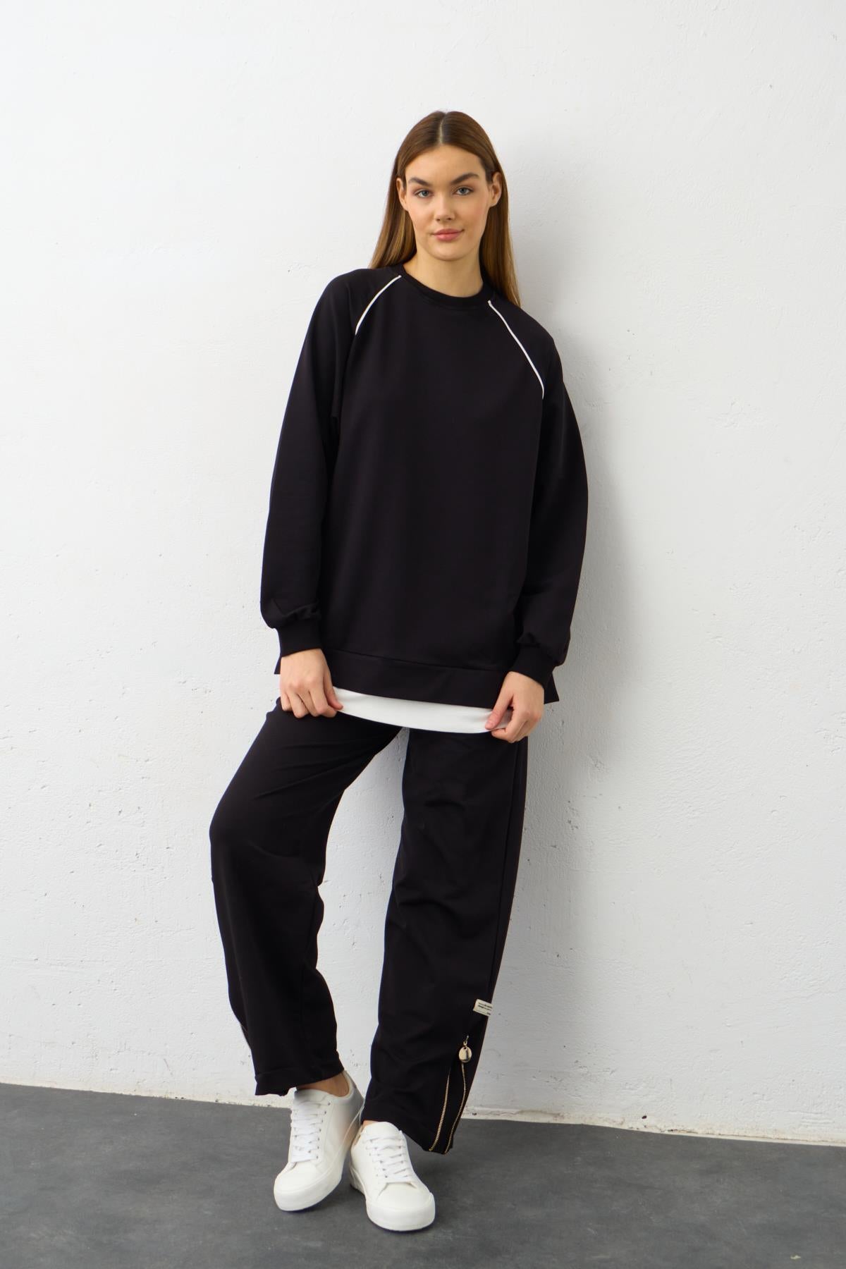 Siyah Etiket Detaylı Paçası Fermuarlı Eteği Süprem Pamuklu Örme Alt Üst Takım