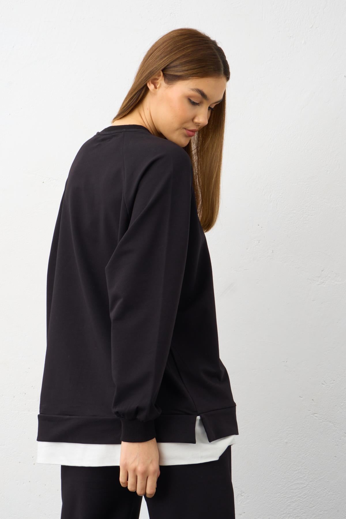 Siyah Etiket Detaylı Paçası Fermuarlı Eteği Süprem Pamuklu Örme Alt Üst Takım