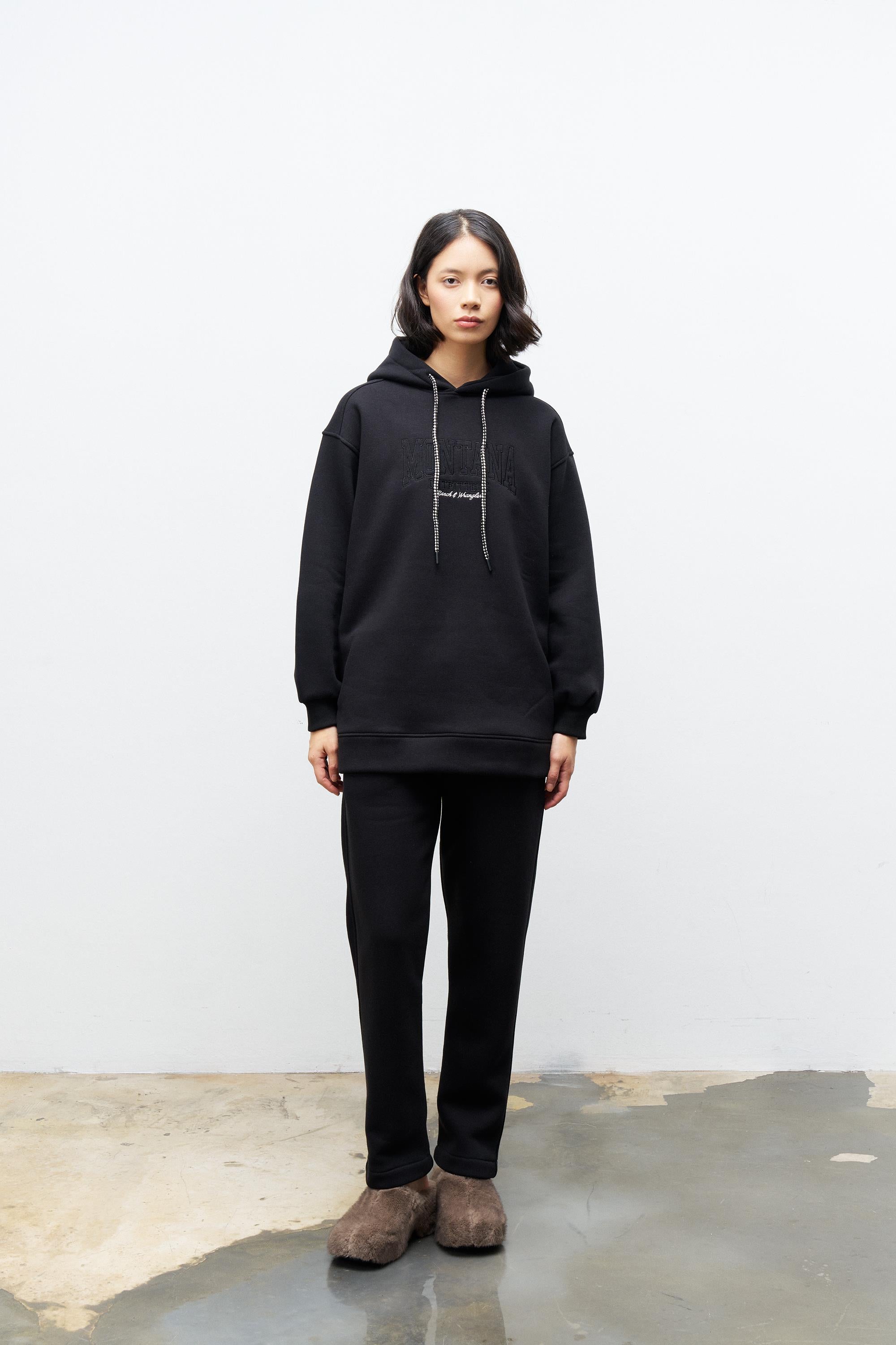 Siyah İçi Polarlı Alt Üst Nakış İşlemeli Kapüşonlu Oversize Şardonlu Takım