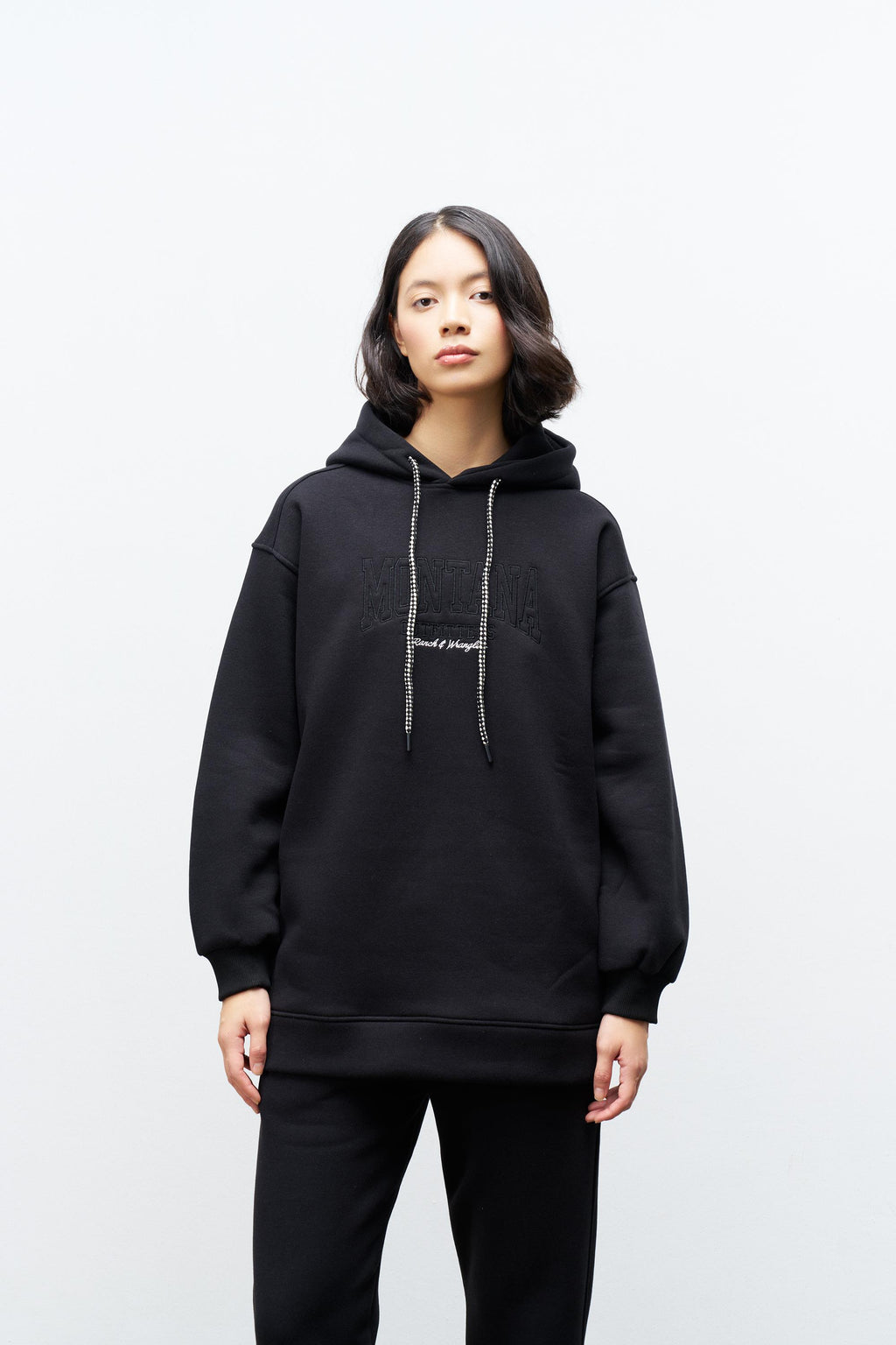 Siyah İçi Polarlı Alt Üst Nakış İşlemeli Kapüşonlu Oversize Şardonlu Takım