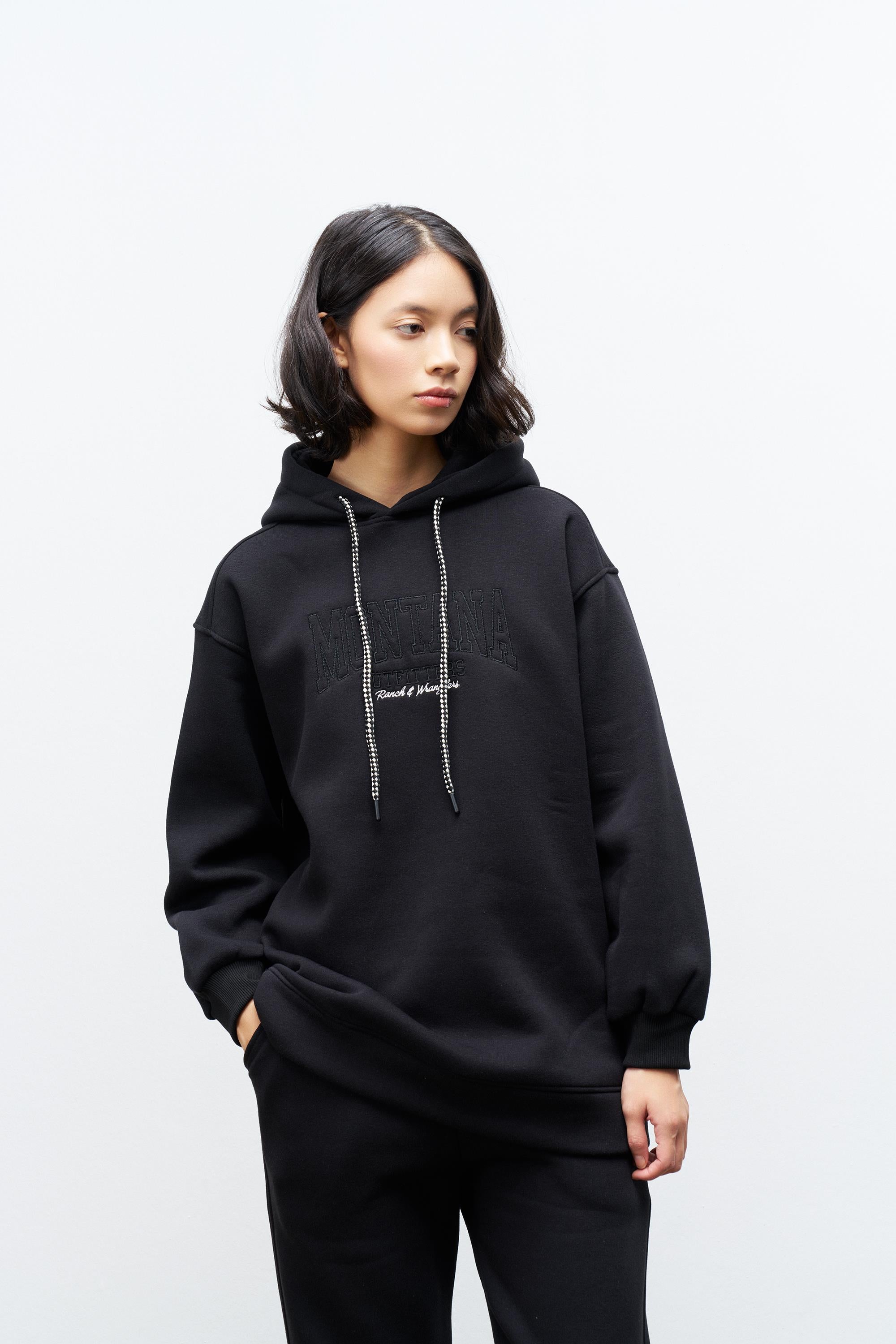 Siyah İçi Polarlı Alt Üst Nakış İşlemeli Kapüşonlu Oversize Şardonlu Takım