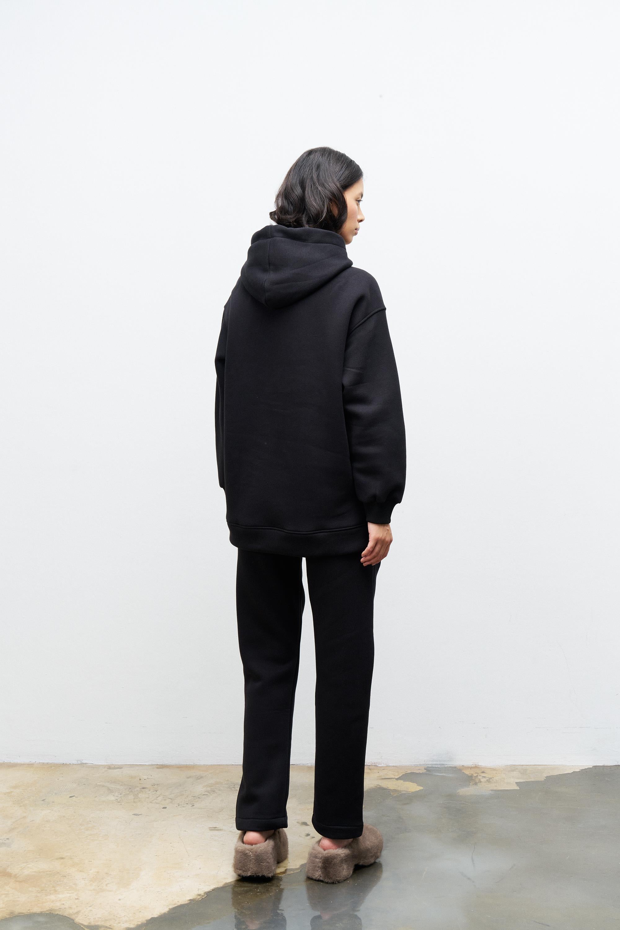 Siyah İçi Polarlı Alt Üst Nakış İşlemeli Kapüşonlu Oversize Şardonlu Takım