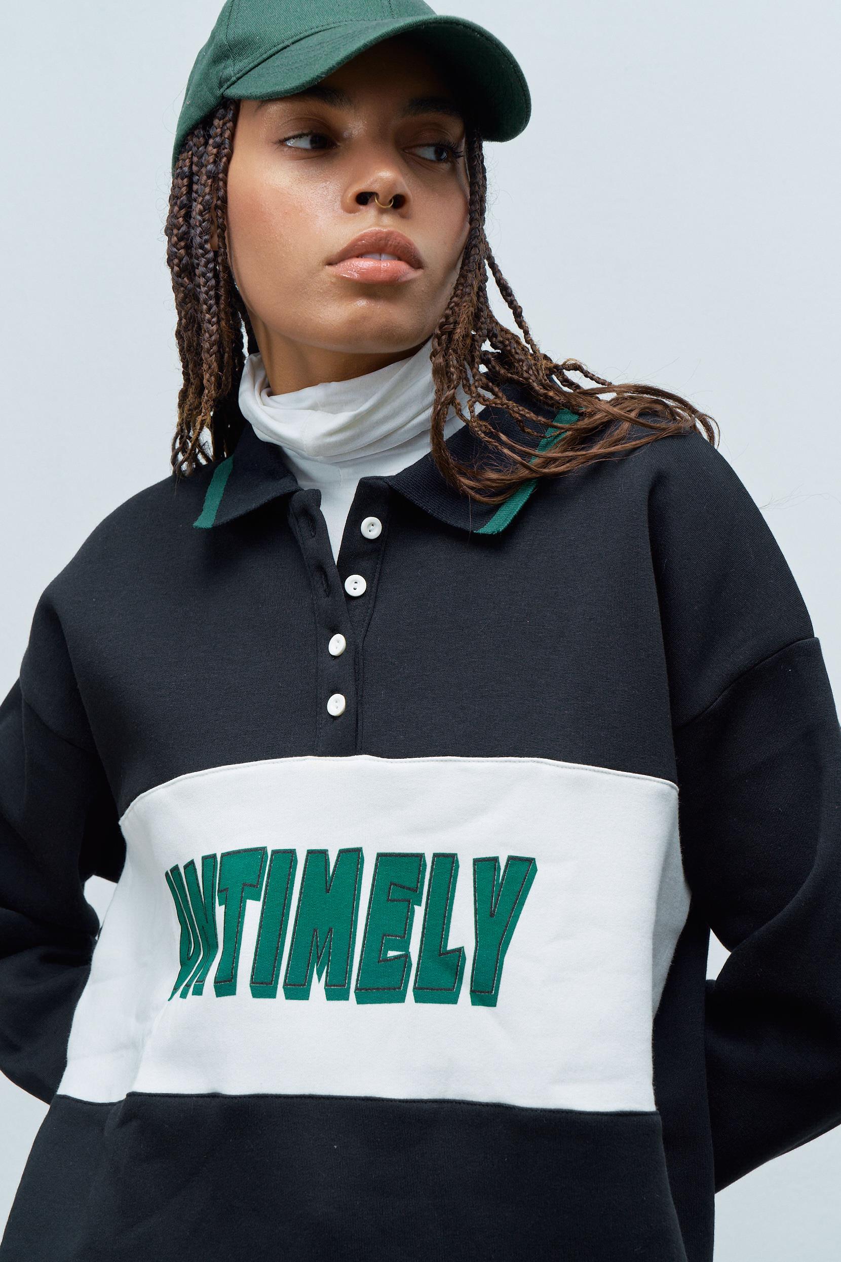 Siyah Kadın 3 iplik baskılı bisiklet yaka ön düğmeli sweatshirt