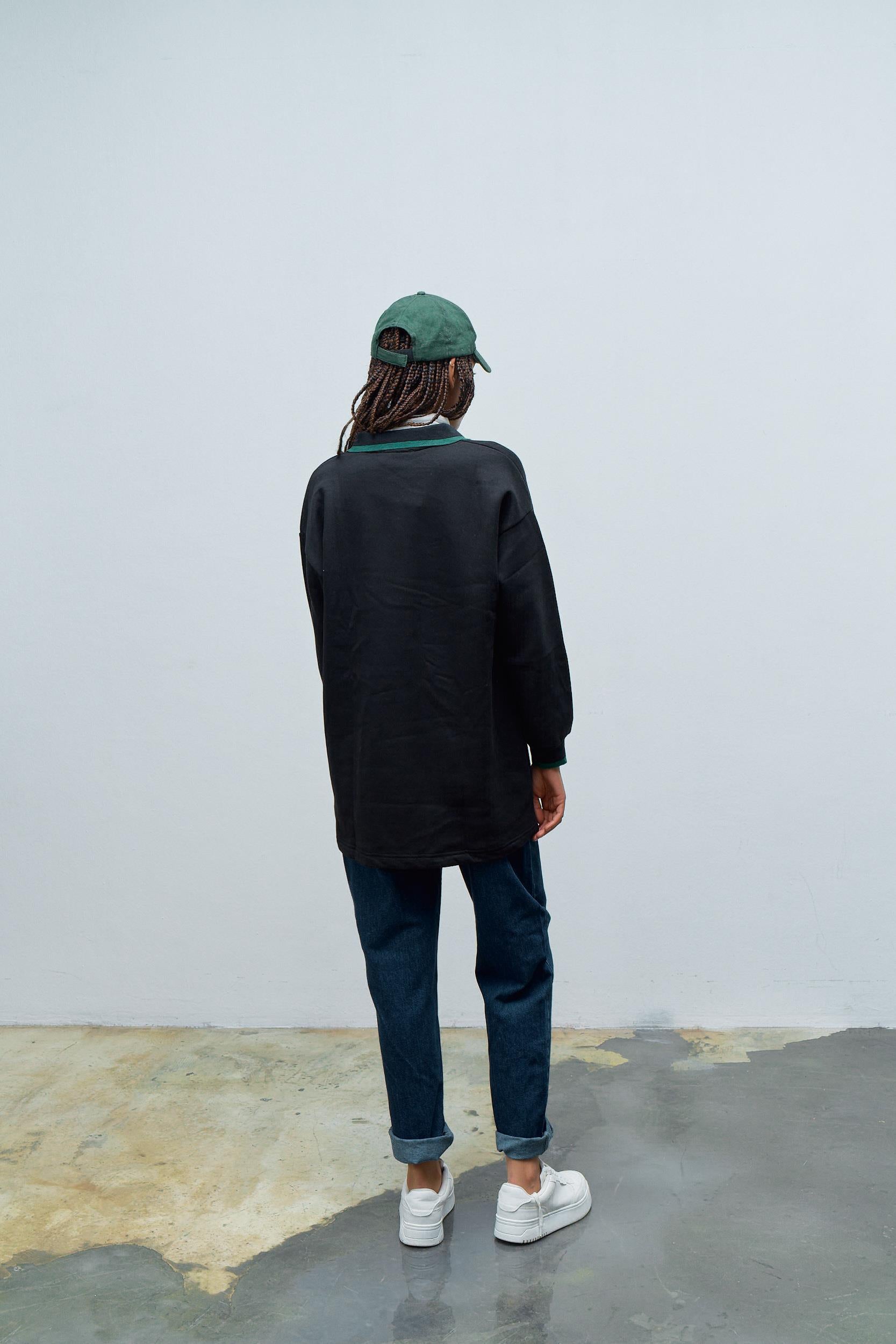 Siyah Kadın 3 iplik baskılı bisiklet yaka ön düğmeli sweatshirt