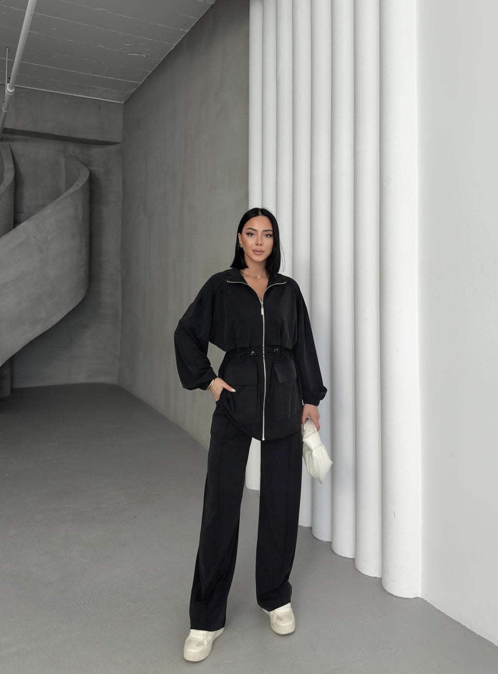 Siyah Kadın Bel Lastik Detaylı Cepli Fermuar Kapamalı Oversize Modal Alt Üst Takım