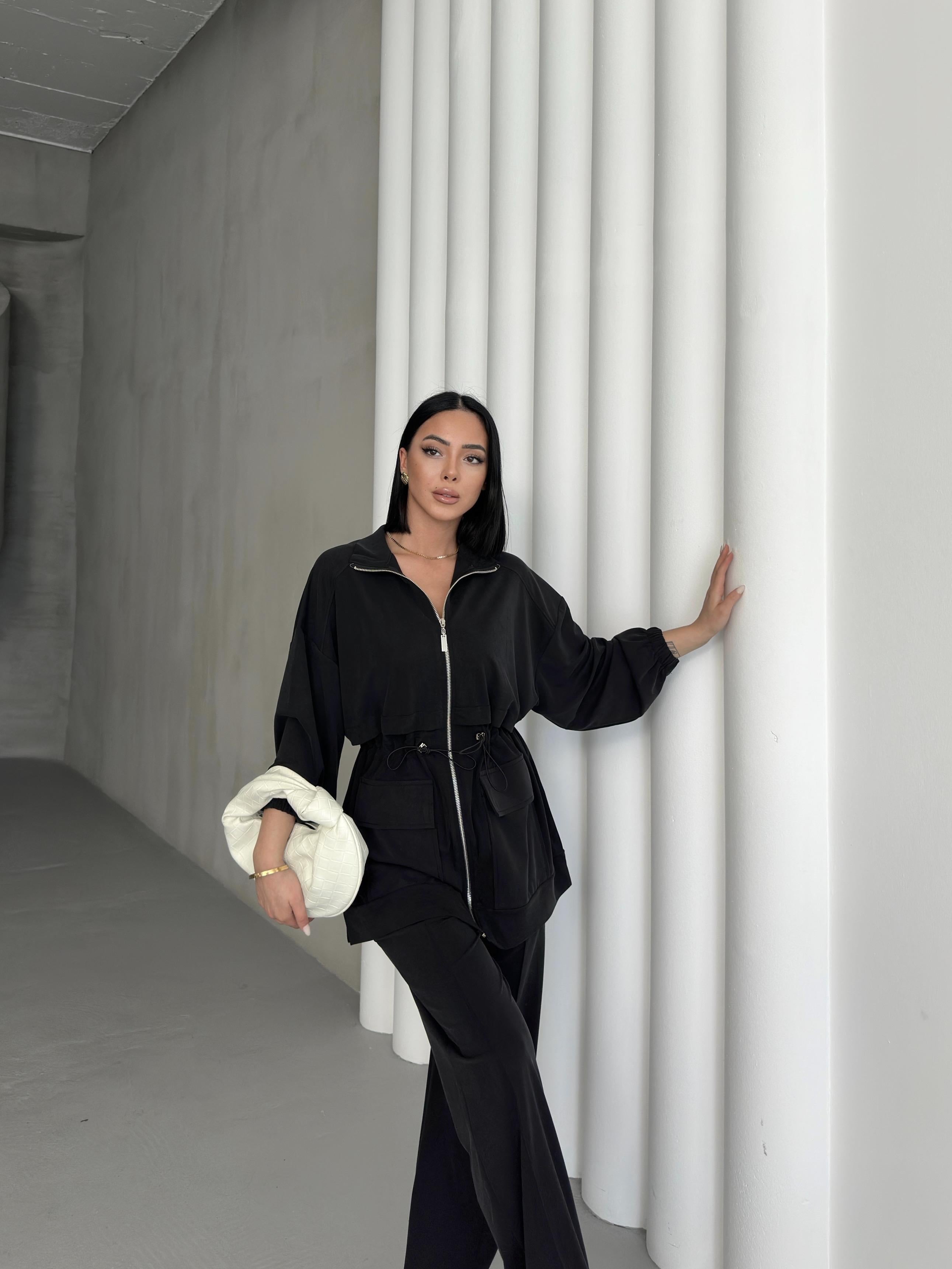 Siyah Kadın Bel Lastik Detaylı Cepli Fermuar Kapamalı Oversize Modal Alt Üst Takım