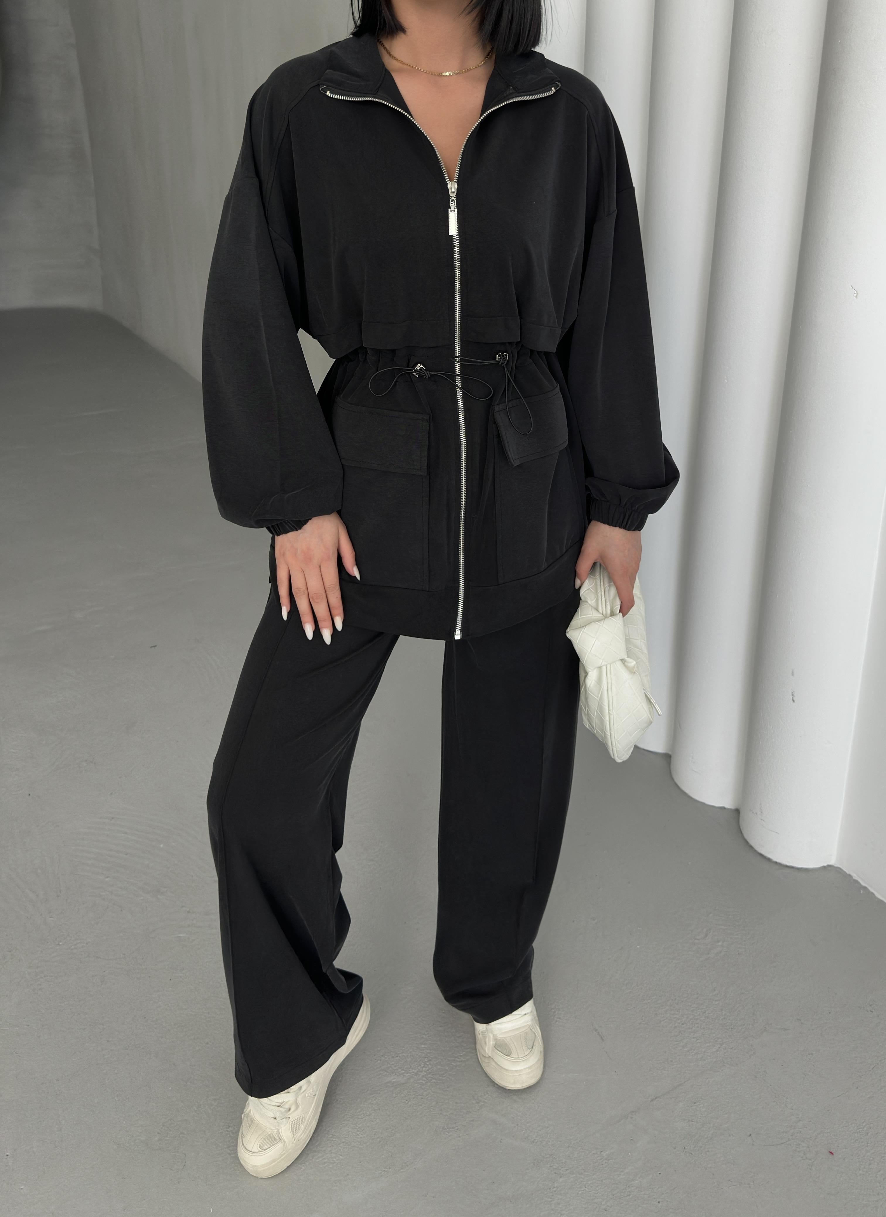 Siyah Kadın Bel Lastik Detaylı Cepli Fermuar Kapamalı Oversize Modal Alt Üst Takım