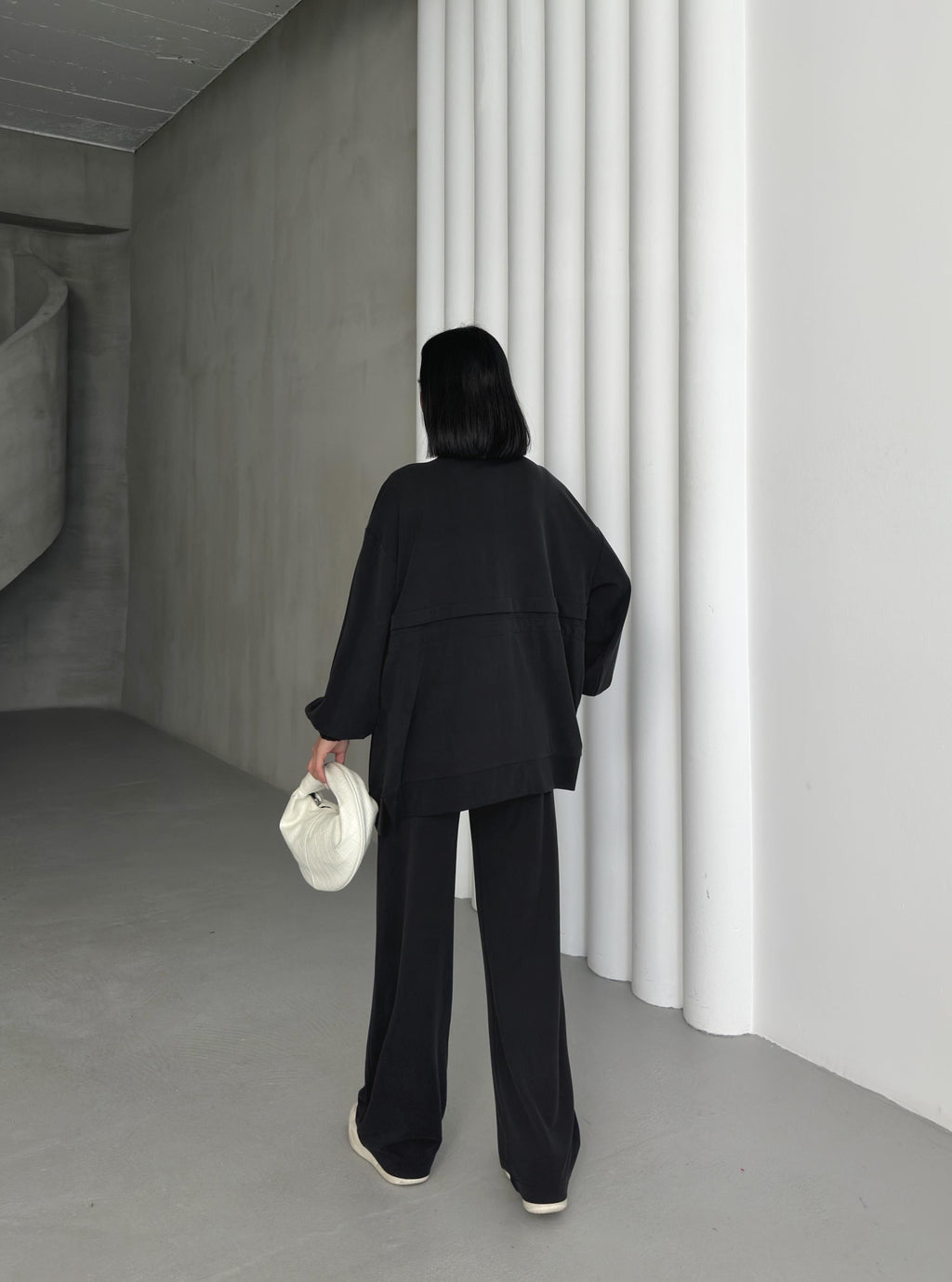 Siyah Kadın Bel Lastik Detaylı Cepli Fermuar Kapamalı Oversize Modal Alt Üst Takım