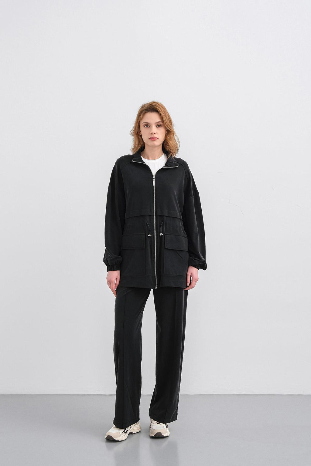 Siyah Kadın Bel Lastik Detaylı Cepli Fermuar Kapamalı Oversize Modal Alt Üst Takım