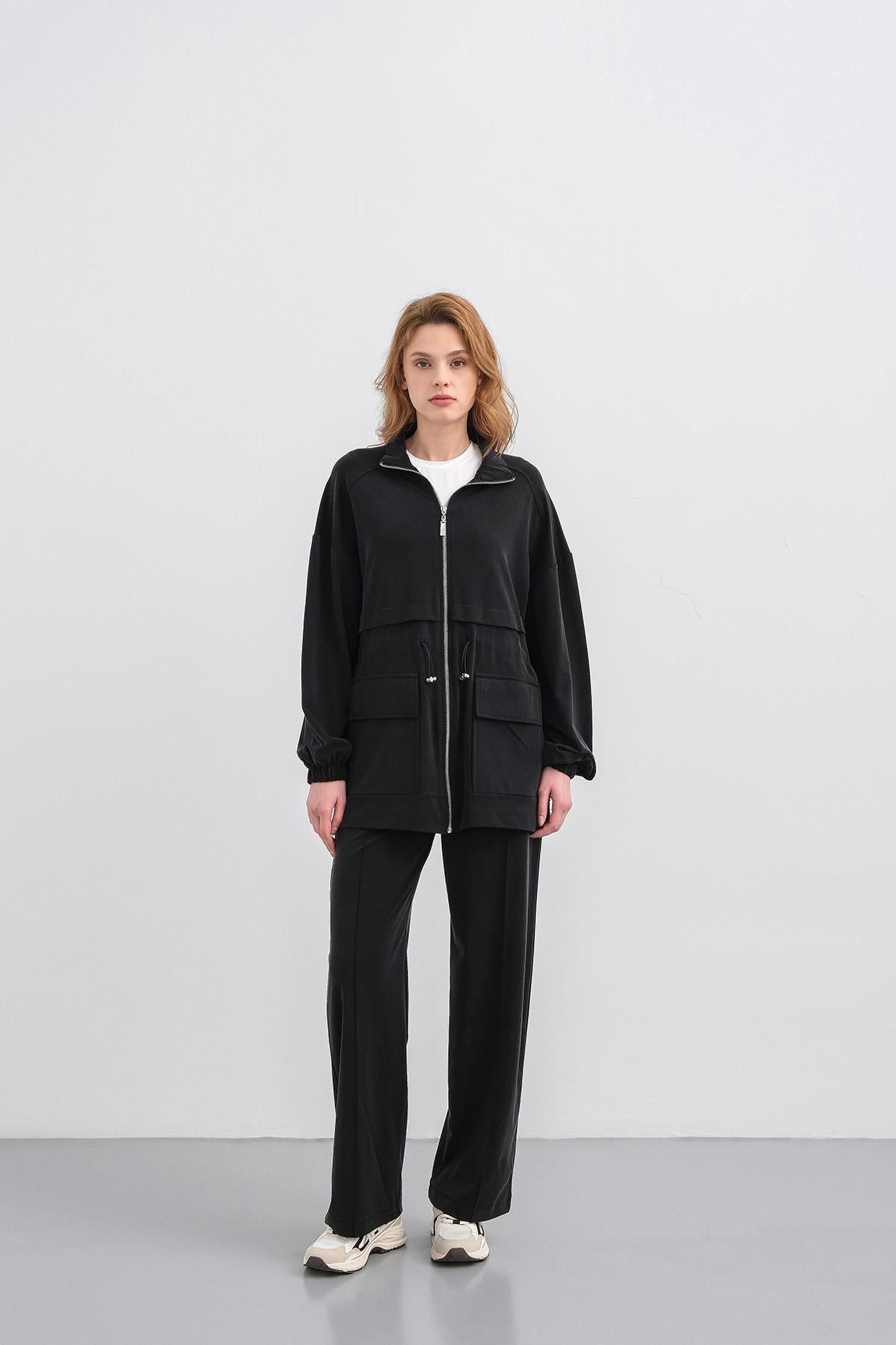 Siyah Kadın Bel Lastik Detaylı Cepli Fermuar Kapamalı Oversize Modal Alt Üst Takım