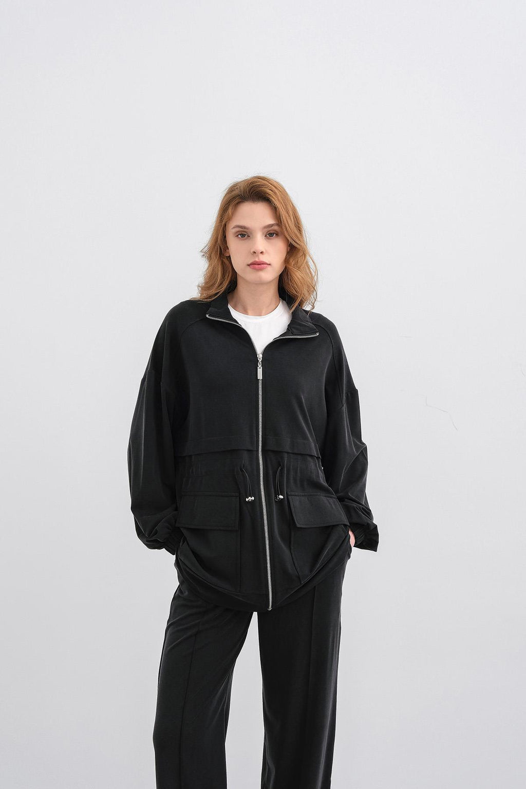 Siyah Kadın Bel Lastik Detaylı Cepli Fermuar Kapamalı Oversize Modal Alt Üst Takım