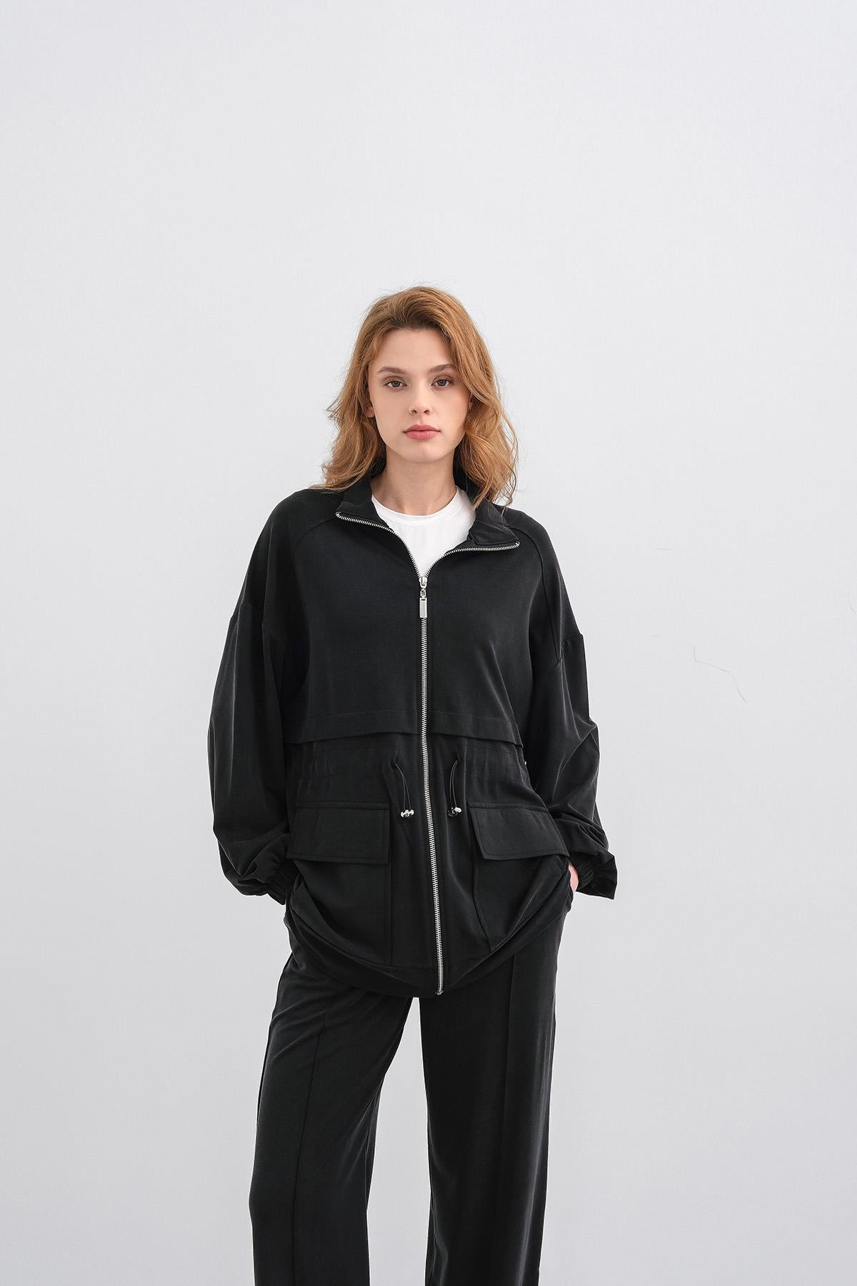 Siyah Kadın Bel Lastik Detaylı Cepli Fermuar Kapamalı Oversize Modal Alt Üst Takım