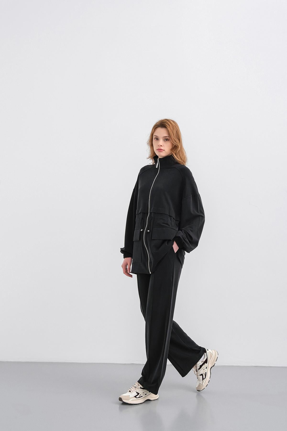 Siyah Kadın Bel Lastik Detaylı Cepli Fermuar Kapamalı Oversize Modal Alt Üst Takım