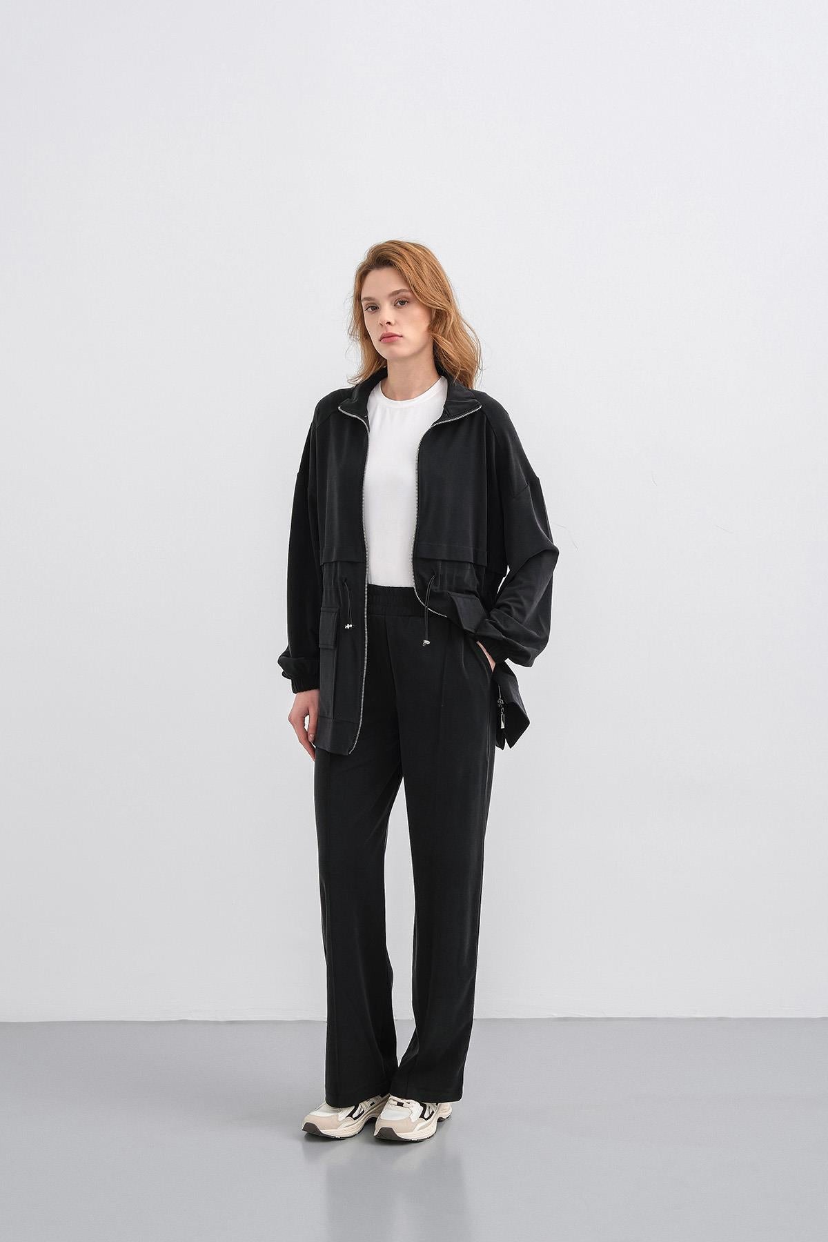 Siyah Kadın Bel Lastik Detaylı Cepli Fermuar Kapamalı Oversize Modal Alt Üst Takım