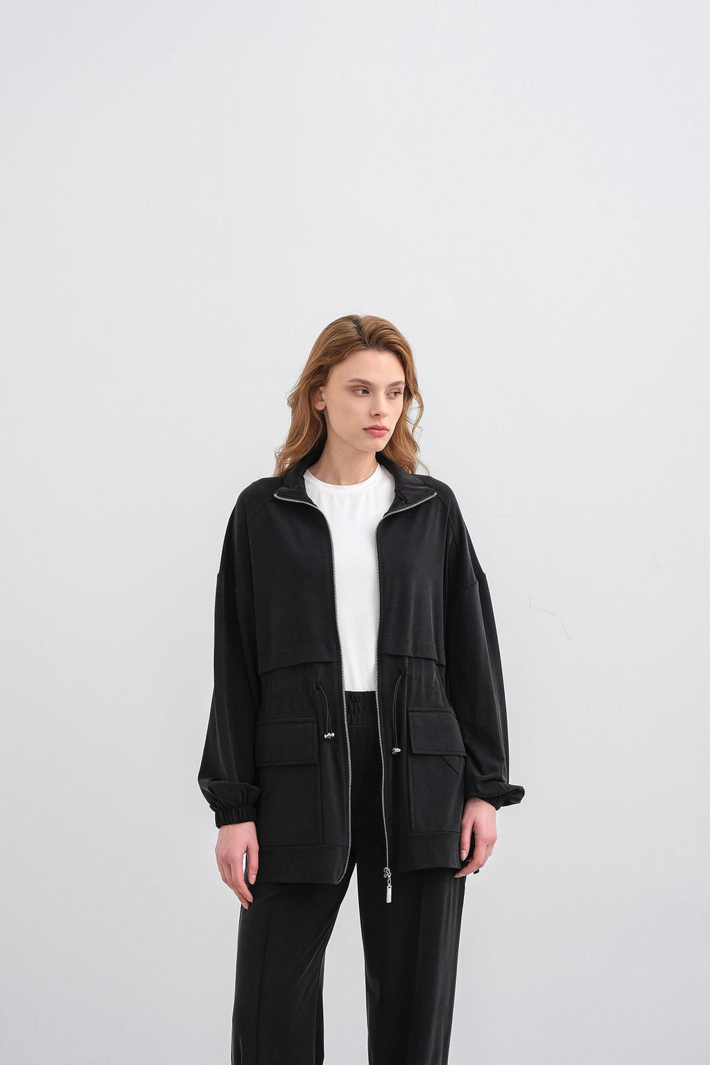 Siyah Kadın Bel Lastik Detaylı Cepli Fermuar Kapamalı Oversize Modal Alt Üst Takım