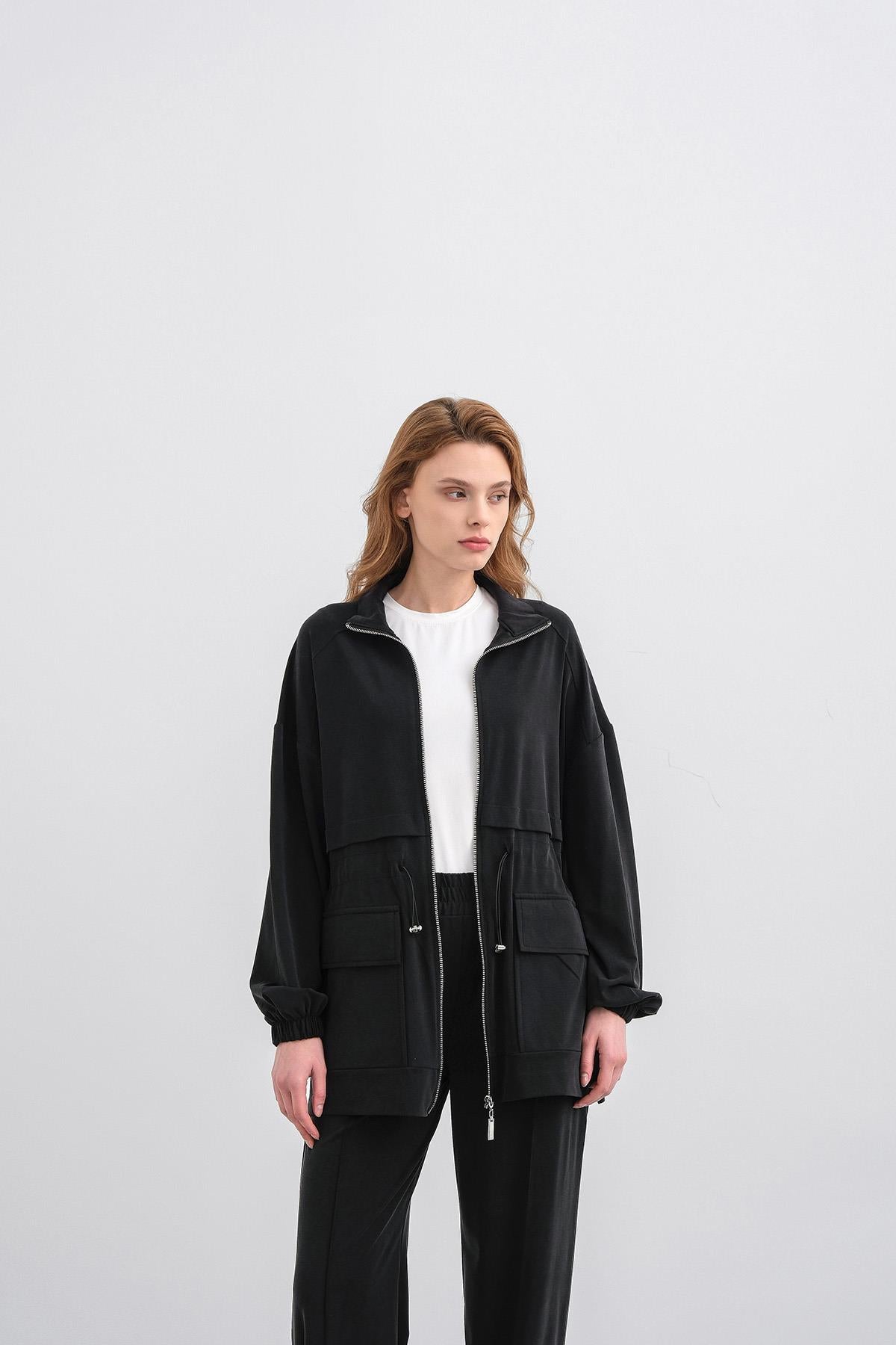 Siyah Kadın Bel Lastik Detaylı Cepli Fermuar Kapamalı Oversize Modal Alt Üst Takım