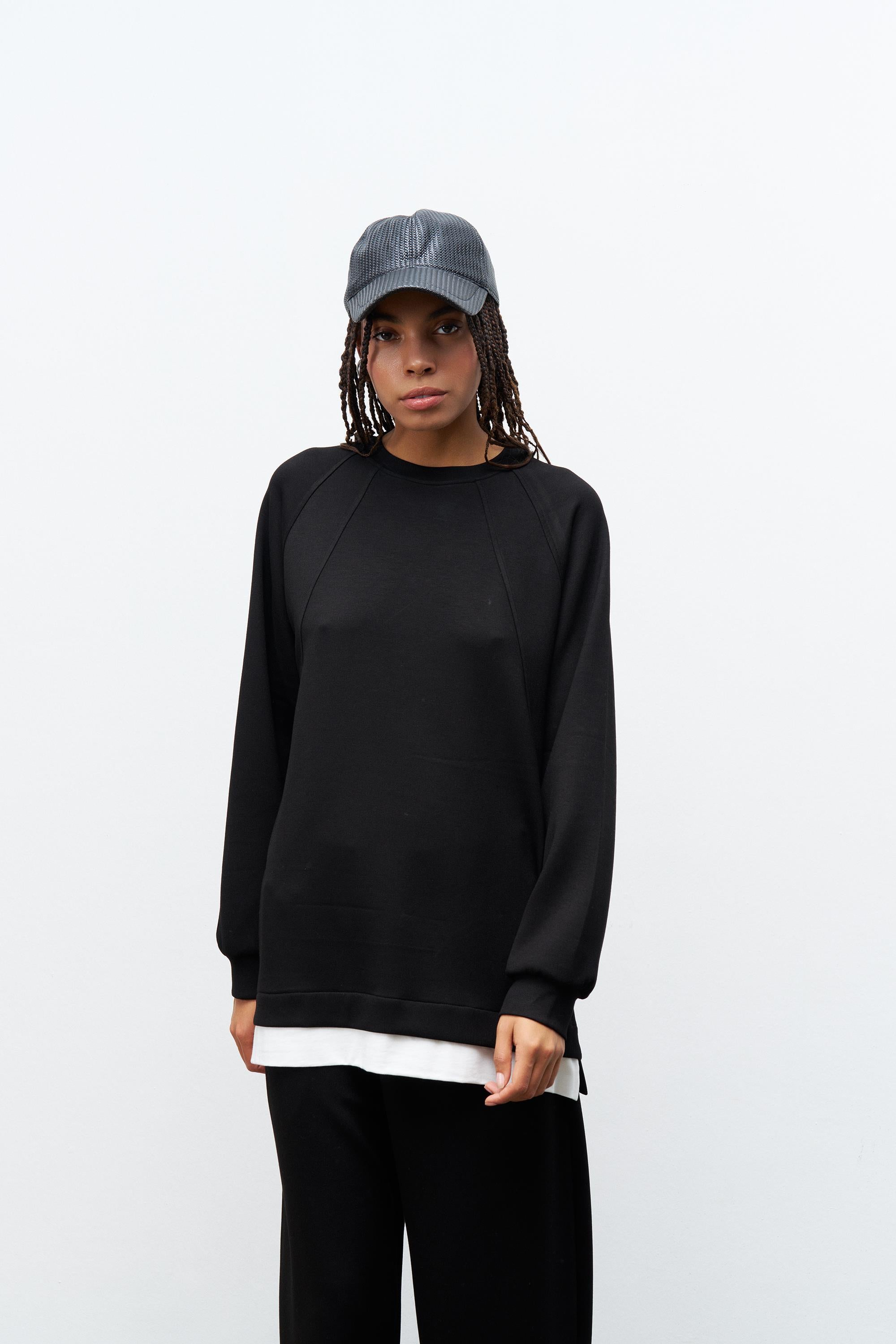 Siyah Kadın Bisiklet Yaka Eteği Süprem Üst Ve Beli Lastikli Alt Modal Takım