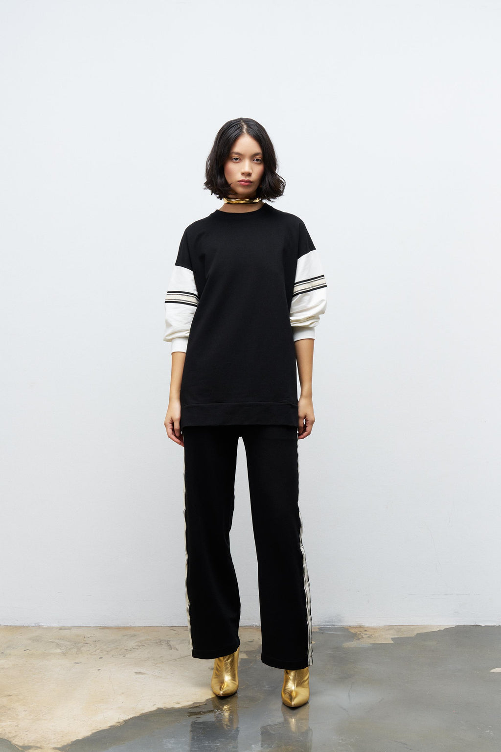 Siyah Kadın Bol Paça Bel Lastikli Şerit Detaylı  Pamuklu  Örme Alt Üst Takım