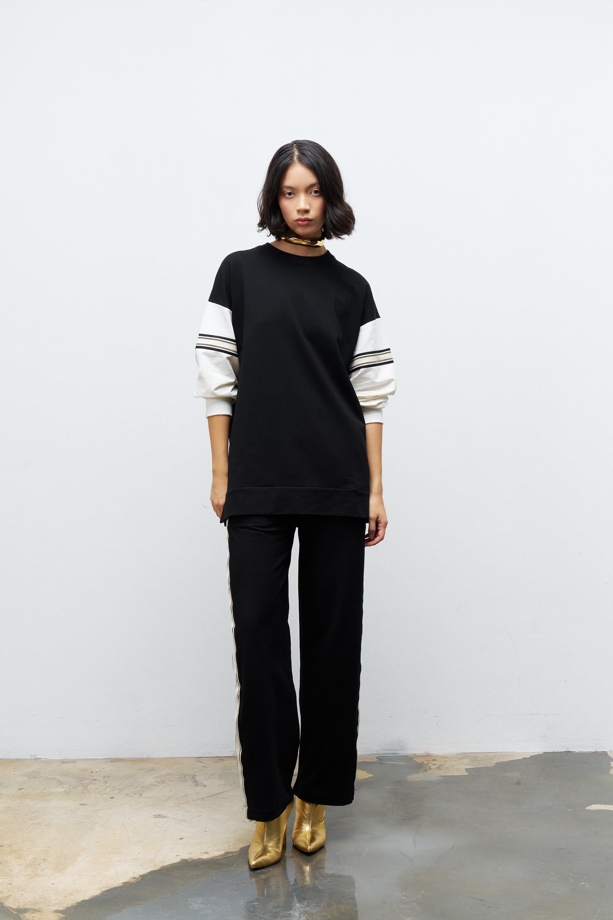 Siyah Kadın Bol Paça Bel Lastikli Şerit Detaylı  Pamuklu  Örme Alt Üst Takım