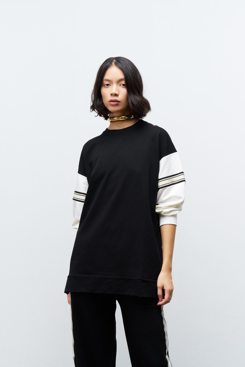 Siyah Kadın Bol Paça Bel Lastikli Şerit Detaylı  Pamuklu  Örme Alt Üst Takım