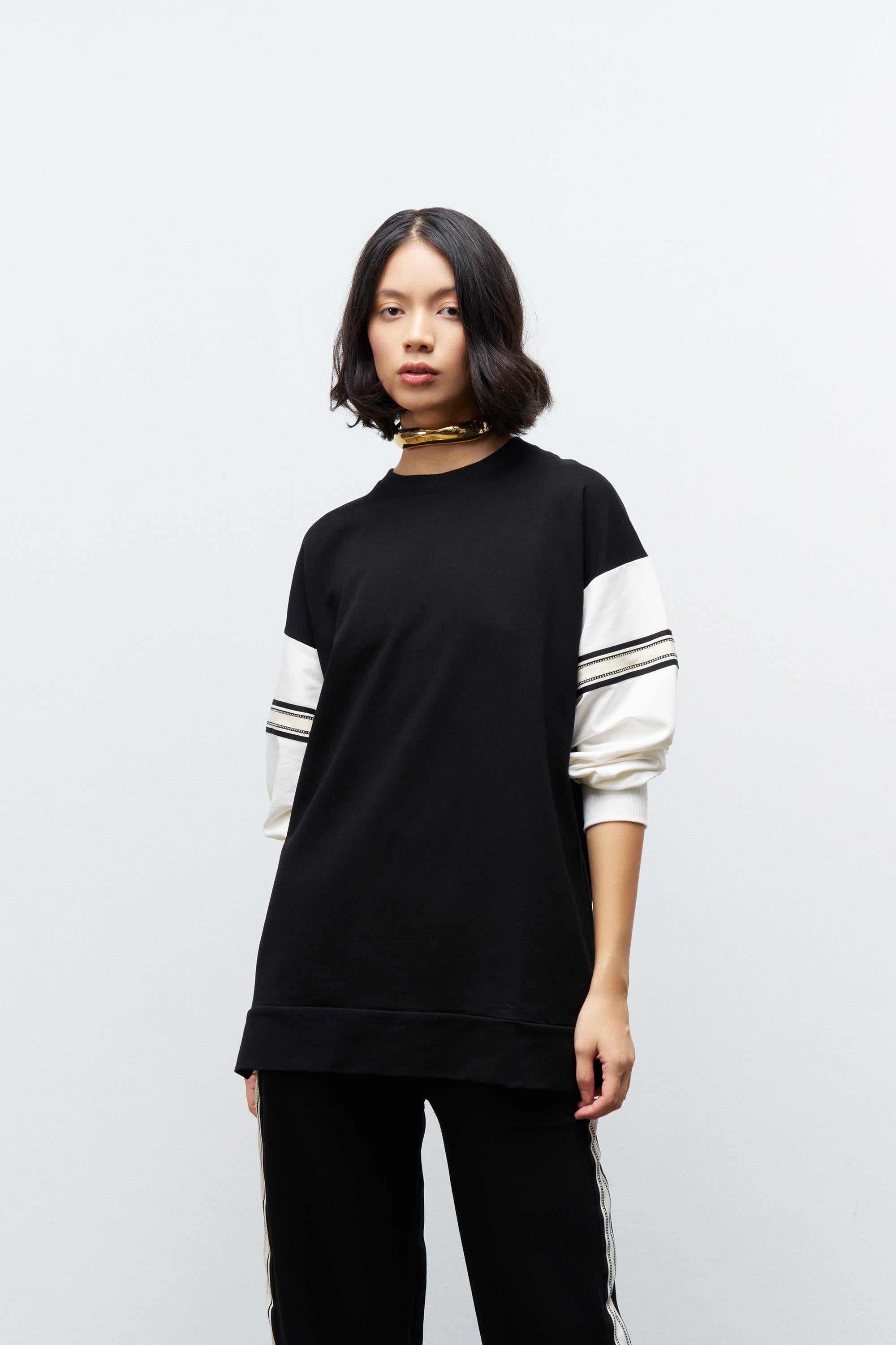 Siyah Kadın Bol Paça Bel Lastikli Şerit Detaylı  Pamuklu  Örme Alt Üst Takım